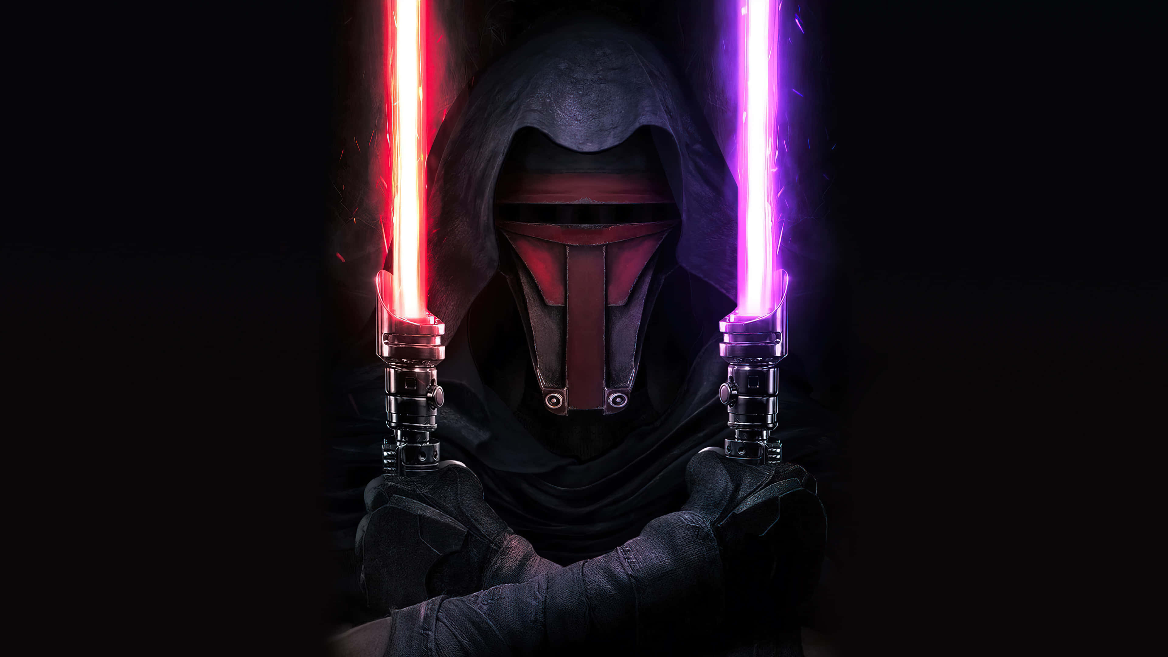 Darth Revan, red and black helmet, glowing lightsabers, 4K Desktop Wallpaper
