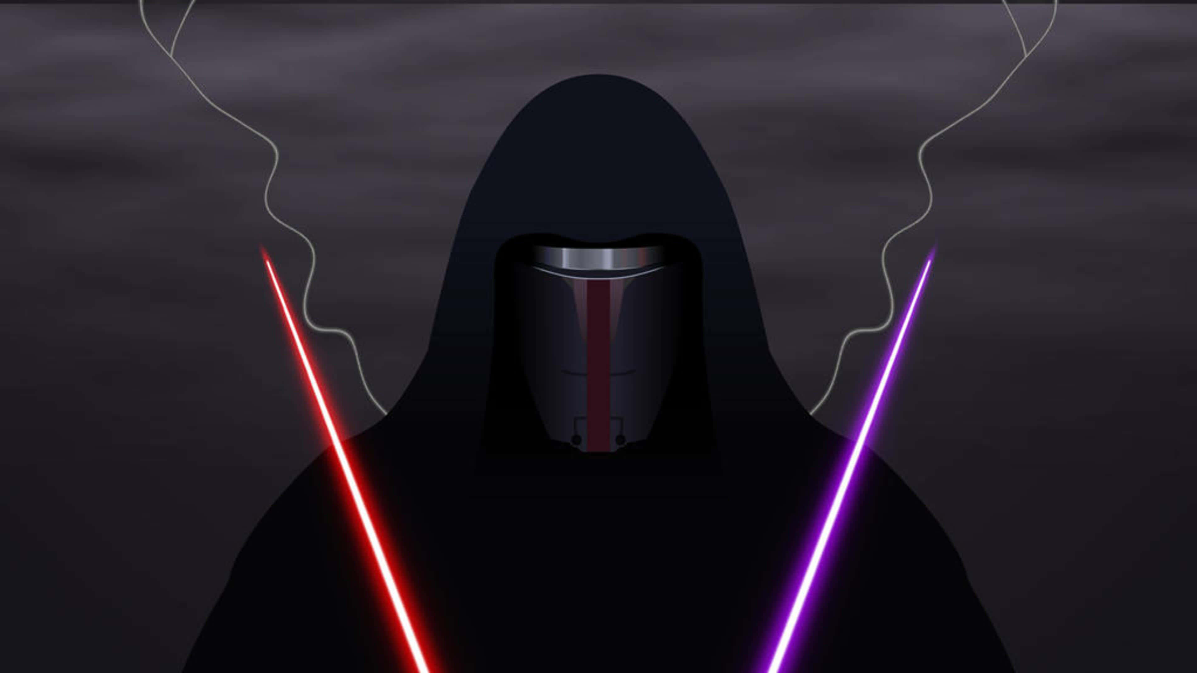 Darth Revan, red and purple lightsabers, cloaked dark figure, 4K Desktop Wallpaper