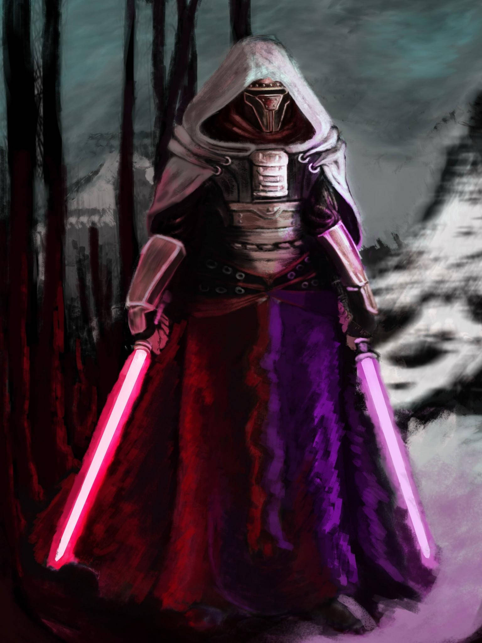 Darth Revan, hooded armored figure, glowing lightsabers, Full HD Phone Wallpaper