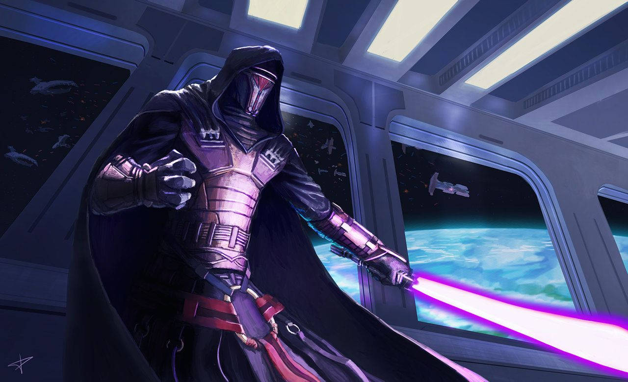 Darth Revan, glowing purple lightsaber, spaceship cockpit, HD Desktop Wallpaper