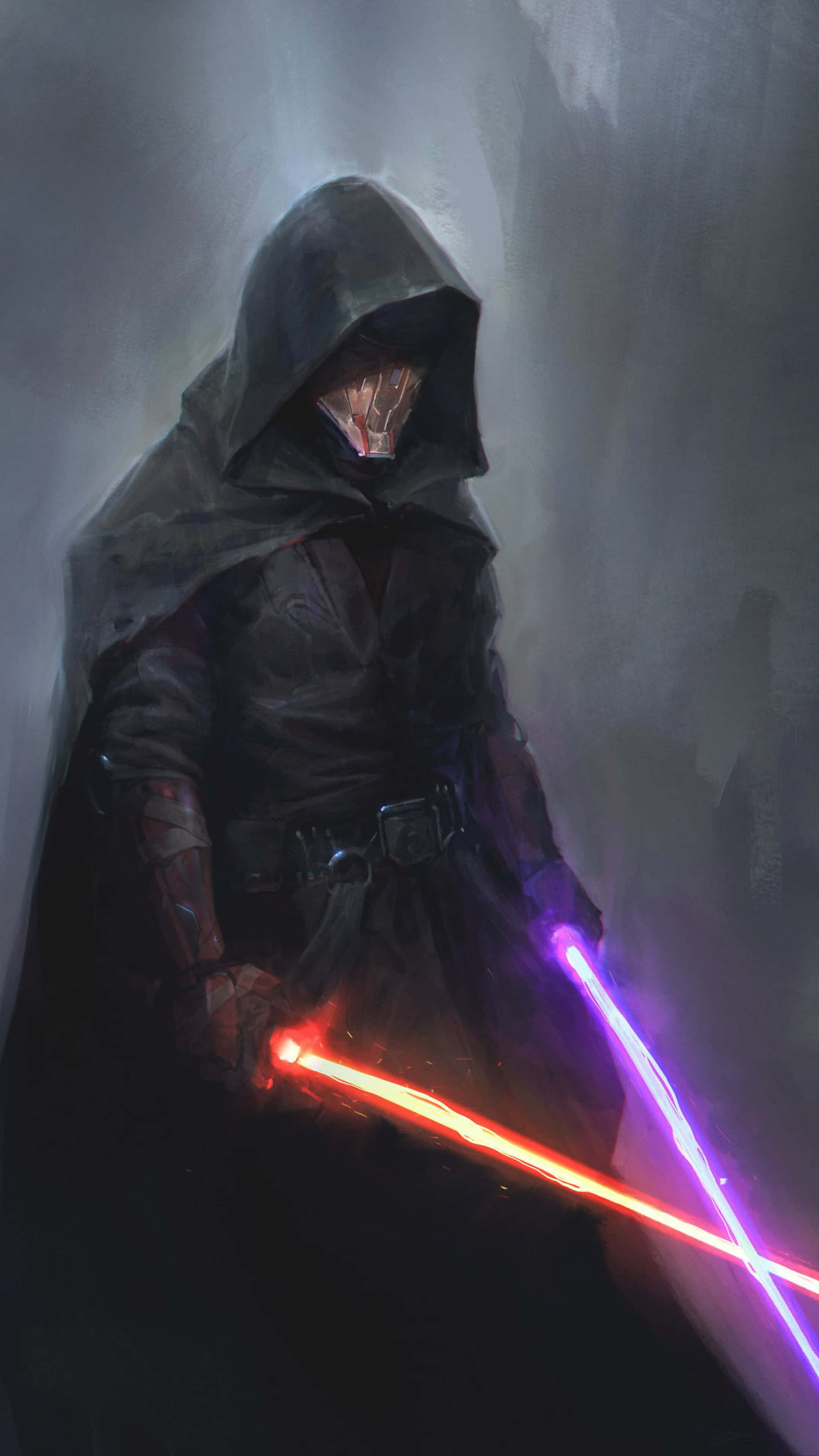 Darth Revan, glowing red and purple lightsabers, misty, shadowy corridor, 4K Phone Wallpaper