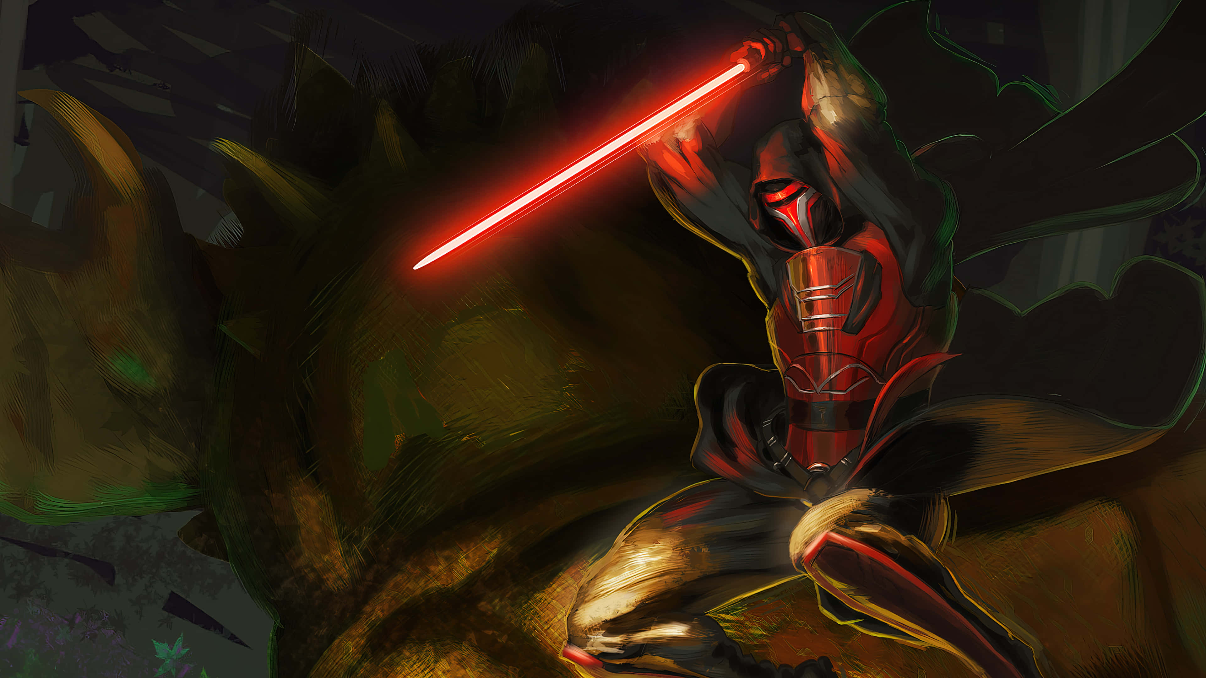 Darth Revan, cloaked warrior, glowing red lightsaber, 4K Desktop Wallpaper