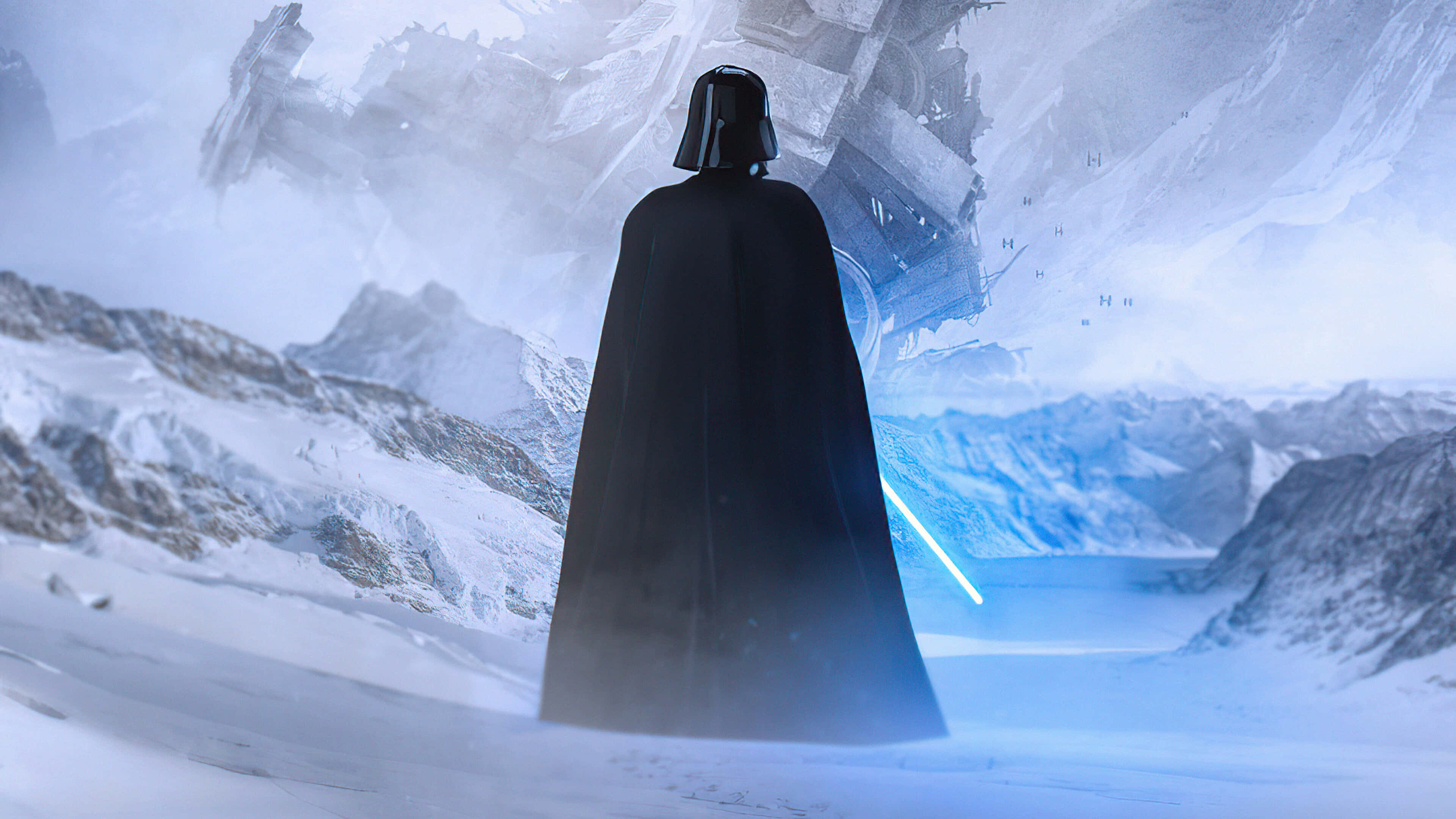 Darth Vader, snowy mountain valley, glowing blue lightsaber, 4K Desktop Wallpaper