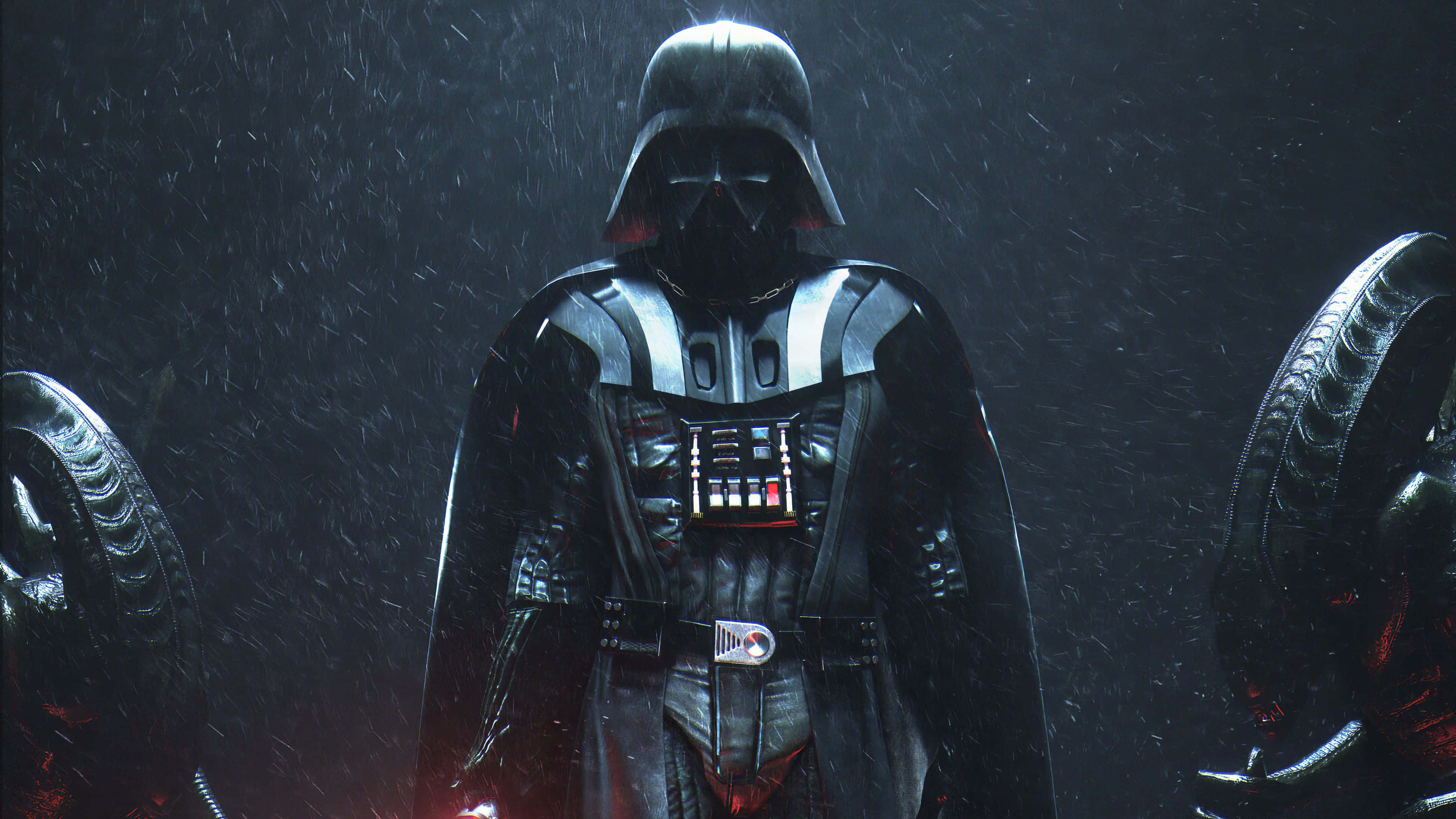 Darth Vader, rainy scene, glowing red lightsabers, 4K Desktop Wallpaper