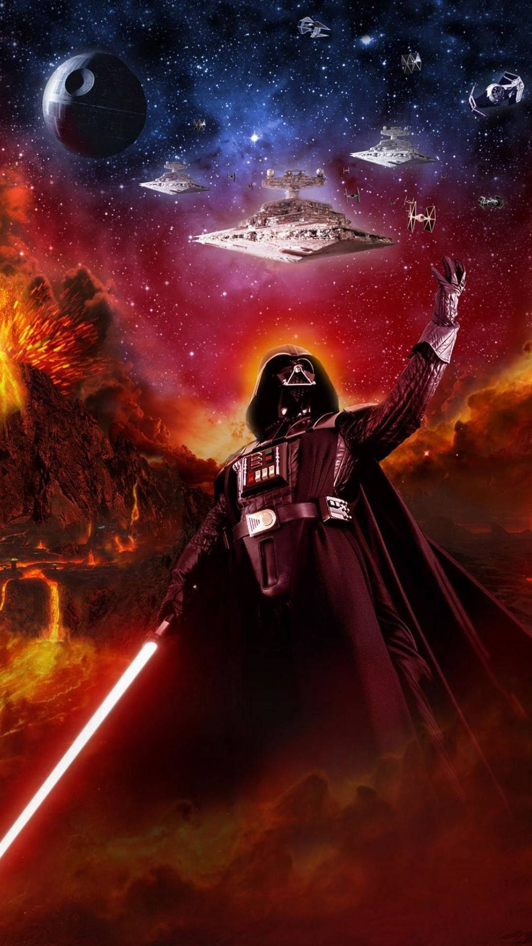 Darth Vader, red lightsaber, volcanic planet, Full HD Phone Wallpaper