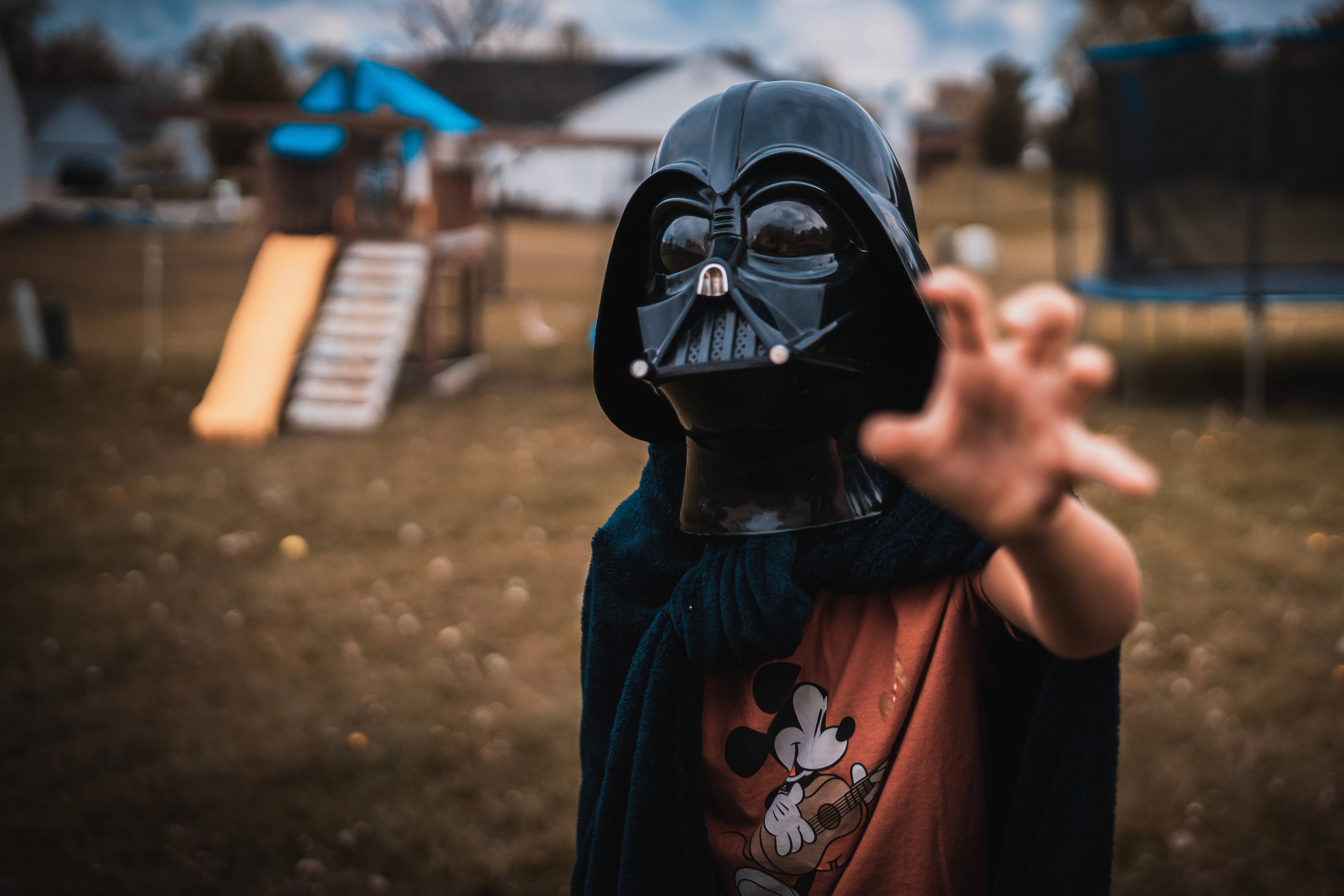 Darth Vader helmet, Mickey Mouse shirt, backyard, 5K Desktop Wallpaper