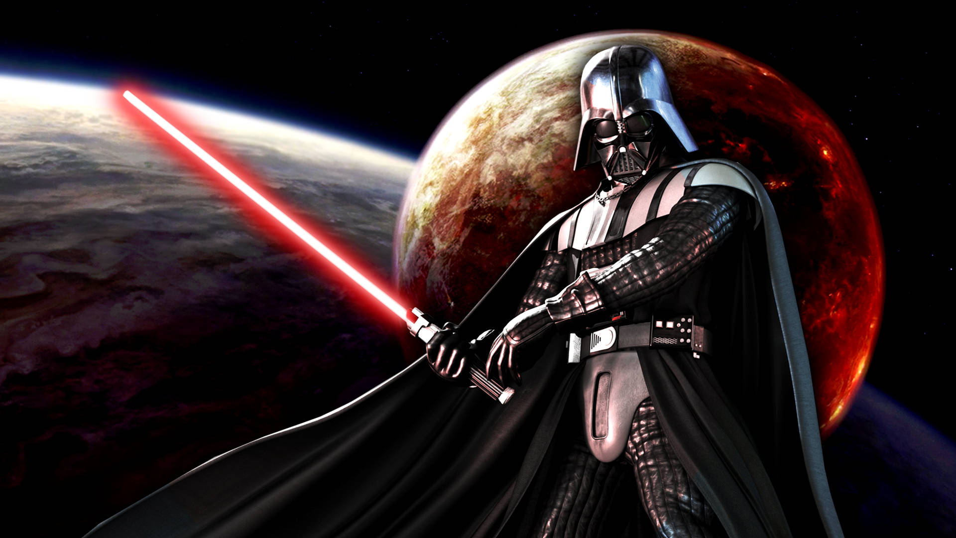 Darth Vader, red lightsaber, fiery planet, Full HD Desktop Wallpaper