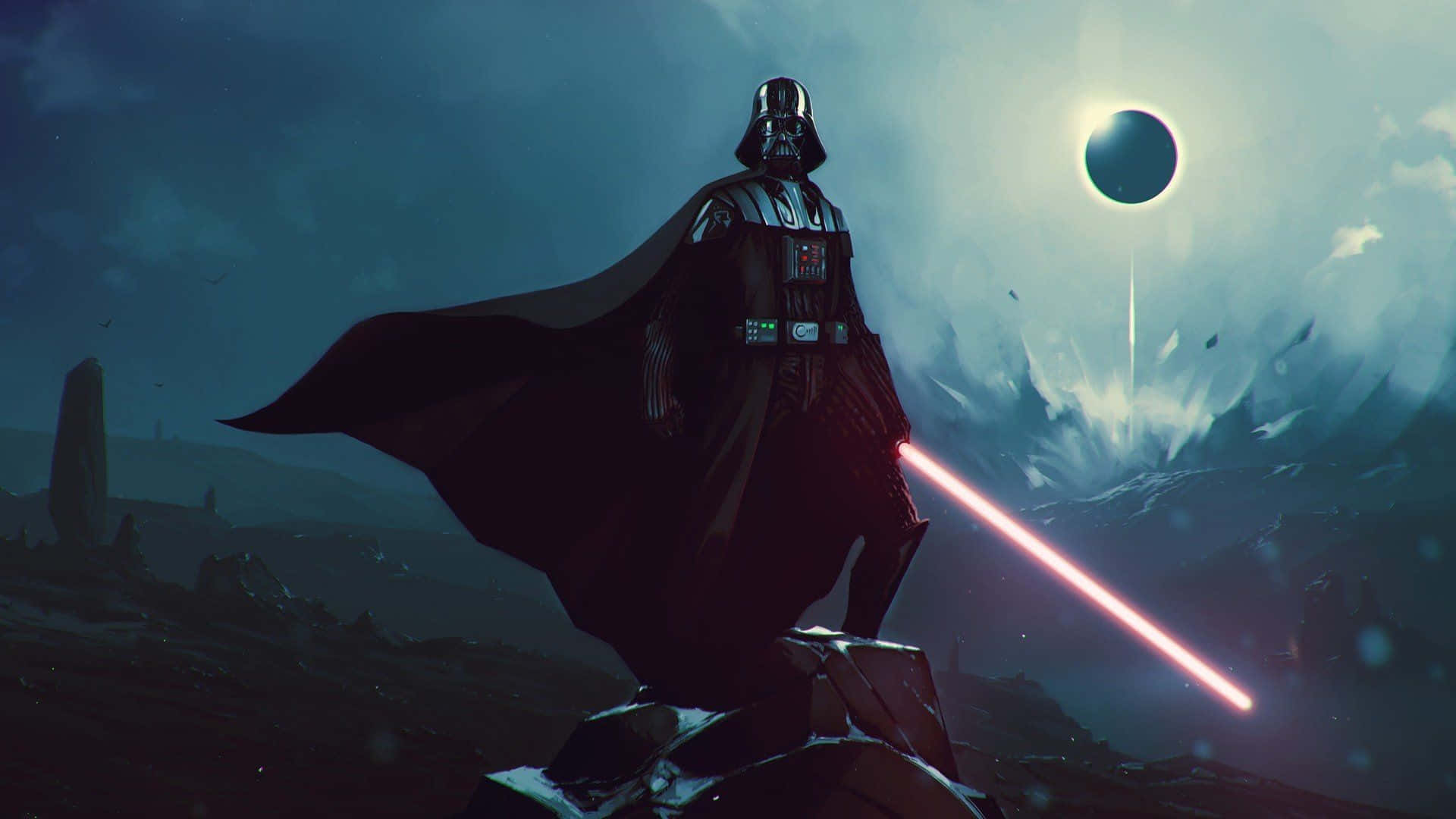 Darth Vader, red lightsaber, eclipsed sun, Full HD Desktop Wallpaper