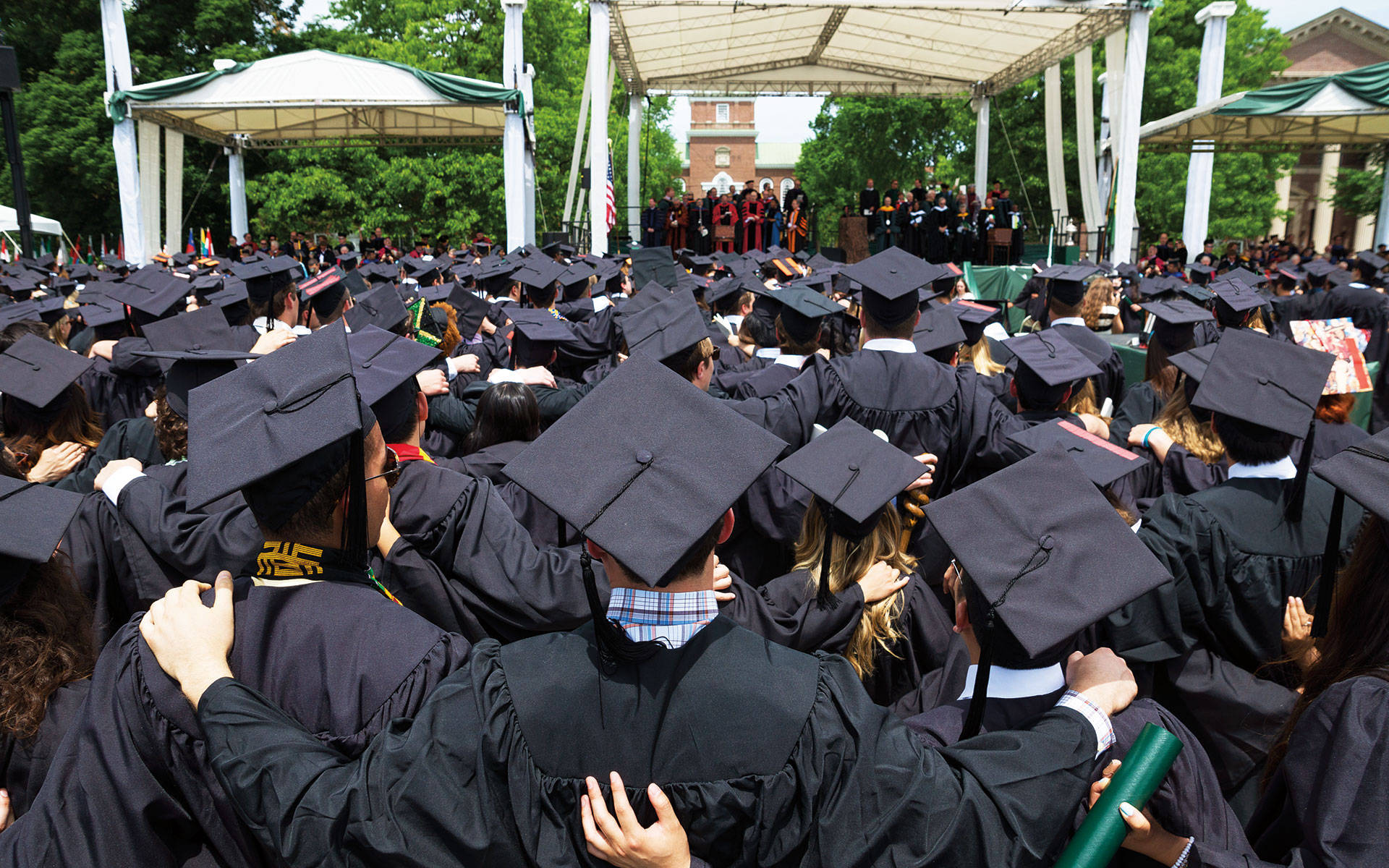 Dartmouth College, black caps and gowns, white tent, Full HD Desktop Wallpaper