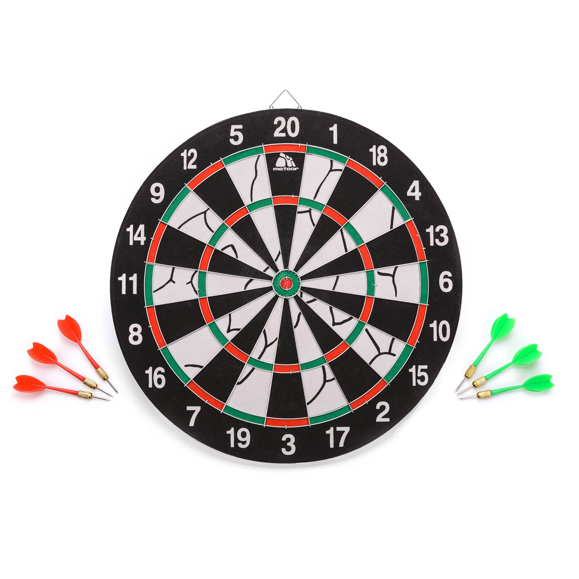 flocked dartboard, red green and white segments, three red and three green darts, Full HD Desktop Wallpaper