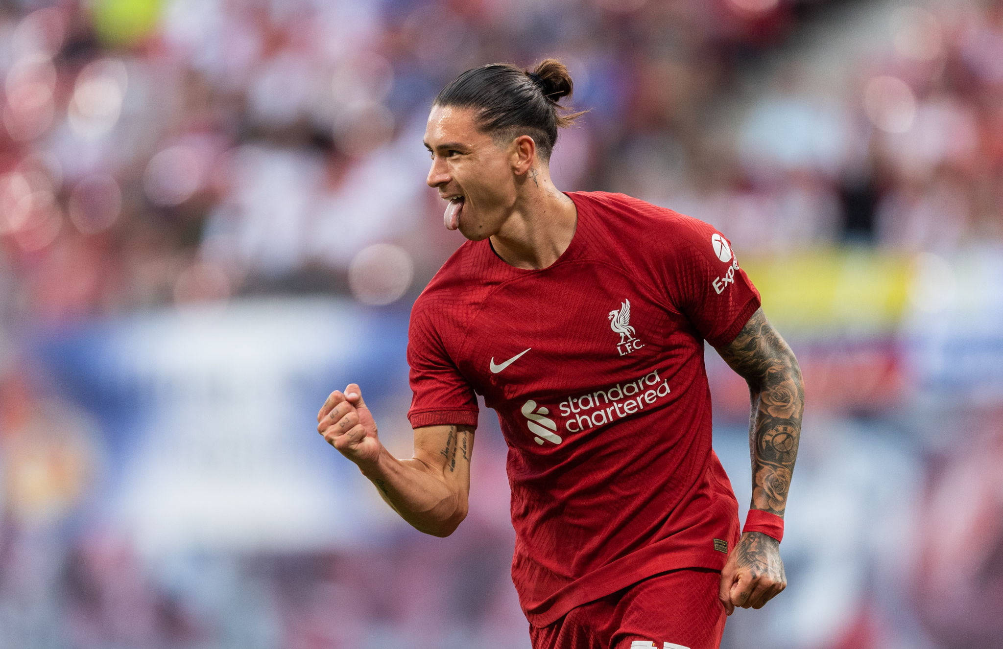 Darwin Núñez, red Liverpool jersey, tongue out, Full HD Desktop Wallpaper