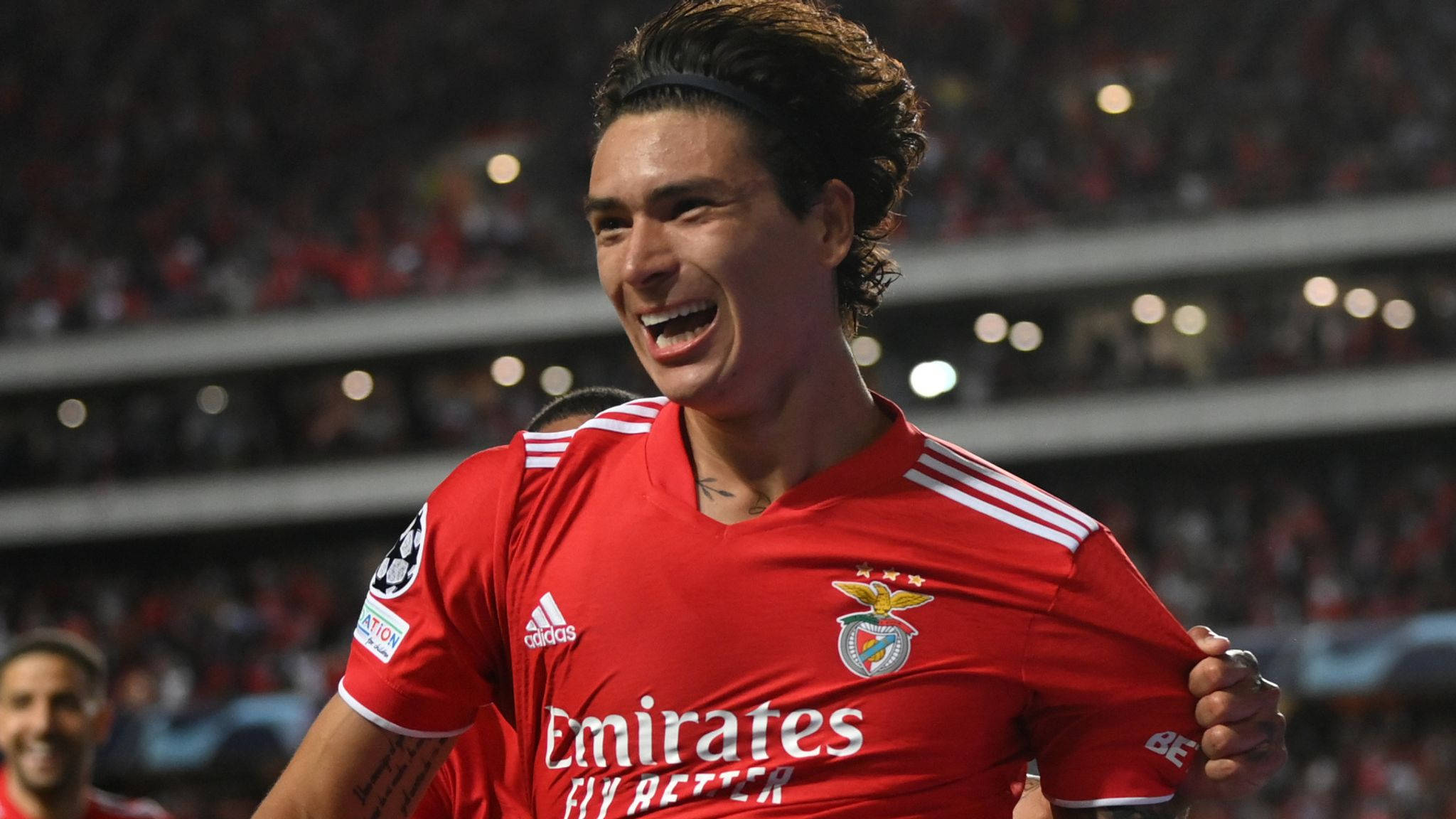 Darwin Núñez, red Benfica jersey, stadium lights, Full HD Desktop Wallpaper