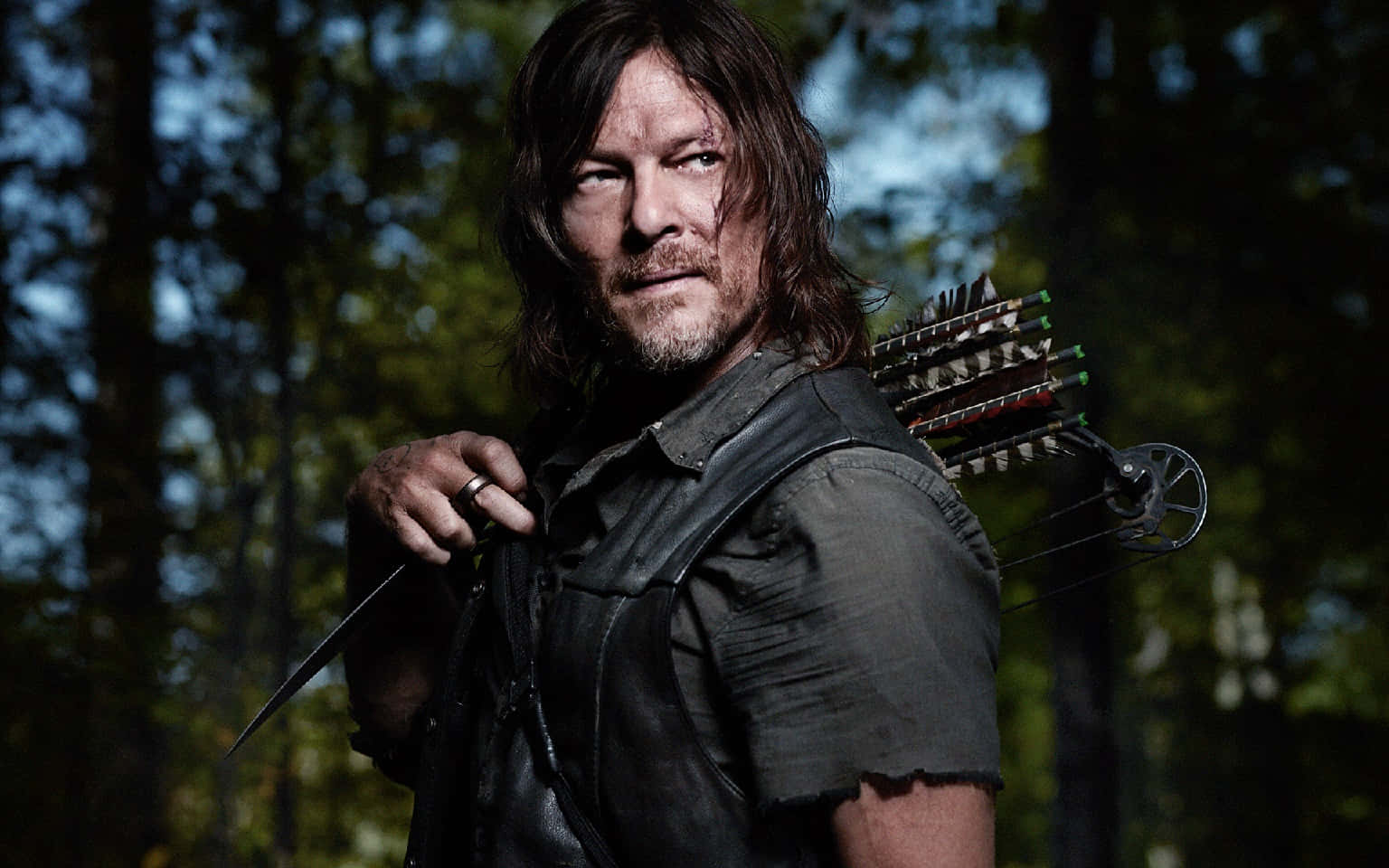 Daryl Dixon, bow and arrows, sunlit forest, HD Desktop Wallpaper