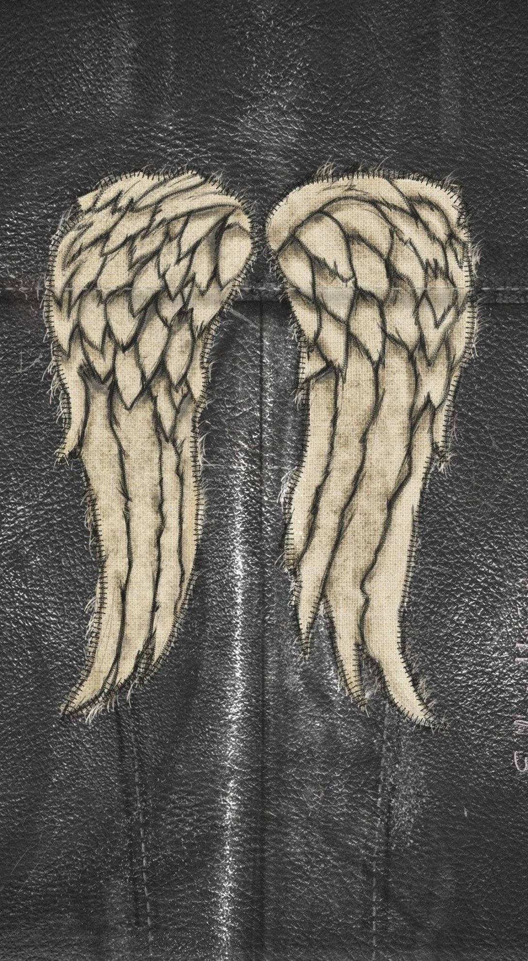 Daryl Dixon, black leather jacket, tattered beige fabric wings, Full HD Phone Wallpaper
