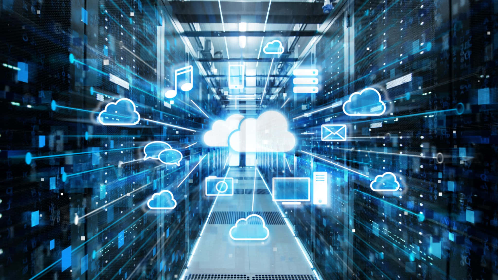 Data Backup, futuristic data center hallway, glowing blue digital icons, Full HD Desktop Wallpaper