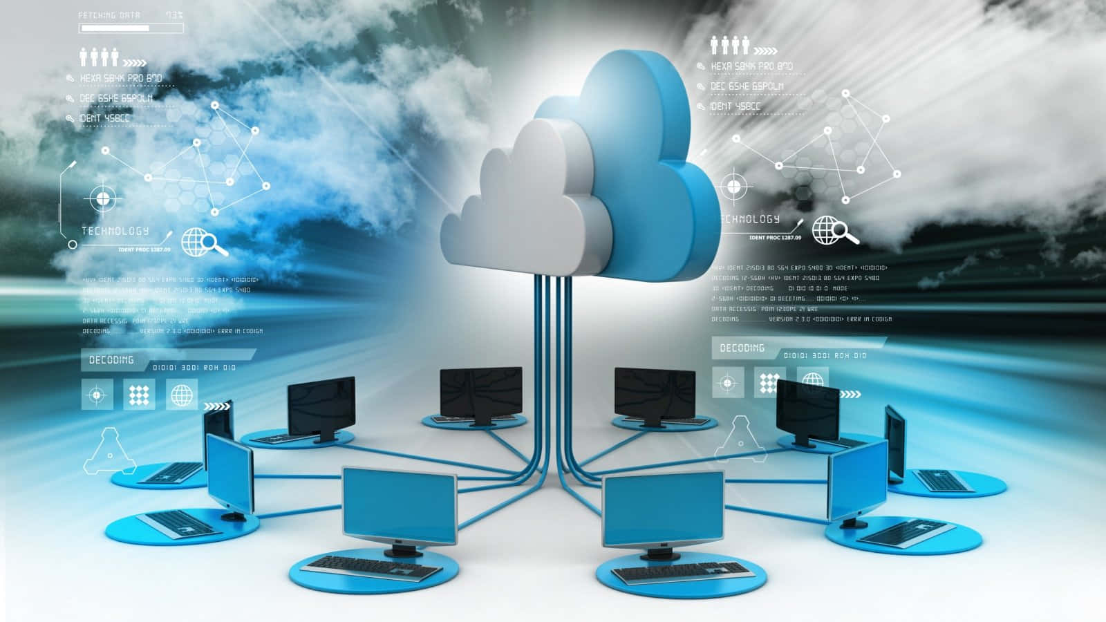futuristic blue cloud server, glowing data streams, stormy sky backdrop, HD Desktop Wallpaper