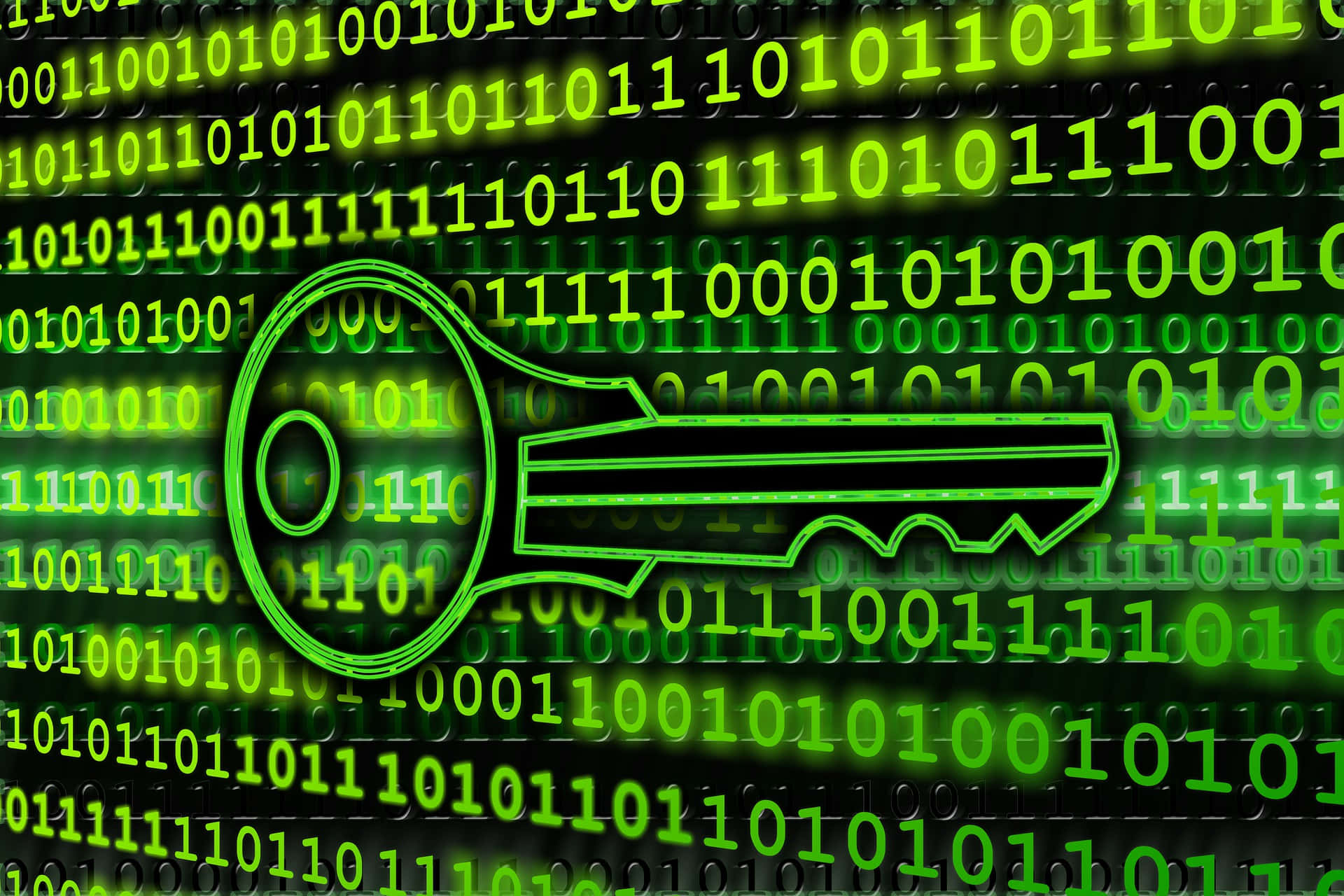glowing green key, cascading binary code, dark background, Full HD Desktop Wallpaper