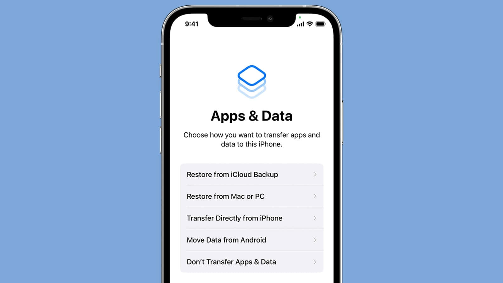 iPhone, Apps & Data transfer options, solid blue background, HD Desktop Wallpaper