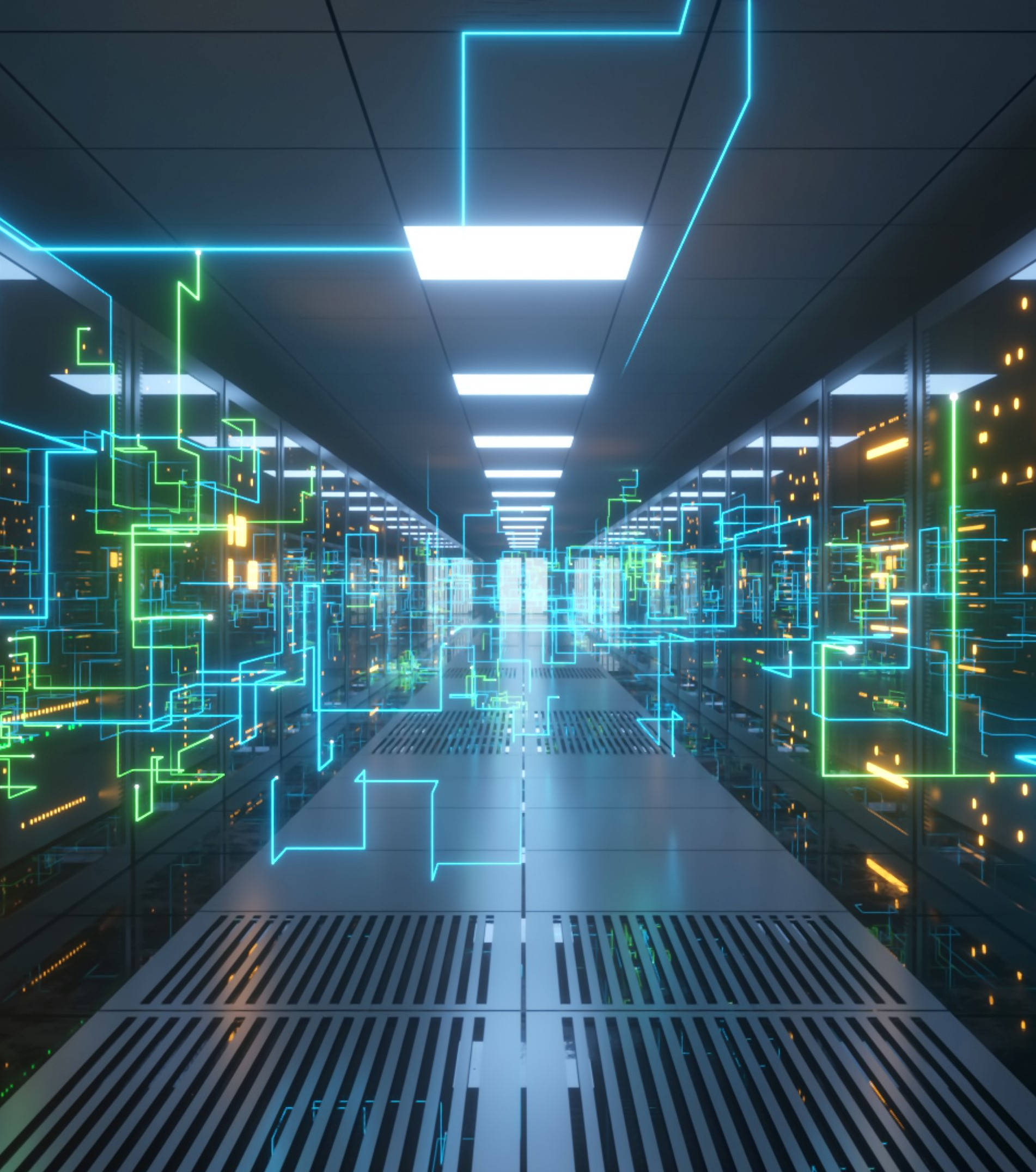 Data Center, glowing blue and green circuit lines, server racks, Full HD Phone Wallpaper