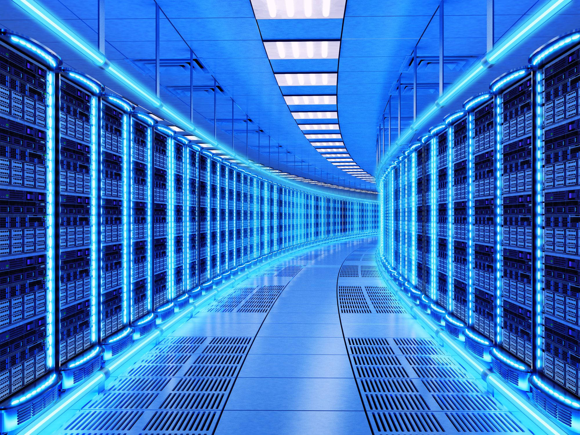 Data Center, neon blue lights, glowing blue lights, Full HD Desktop Wallpaper