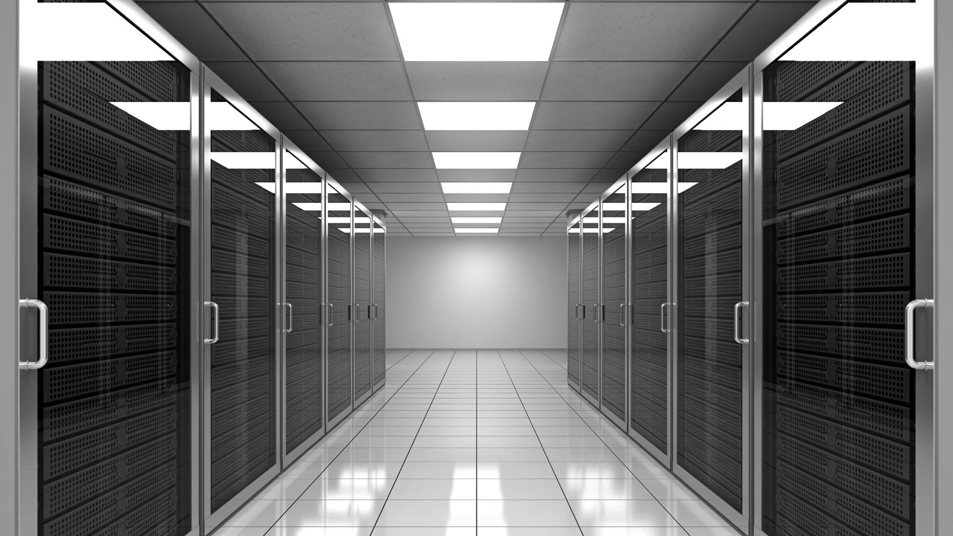 black server racks, sterile corridor, bright fluorescent lights, Full HD Desktop Wallpaper