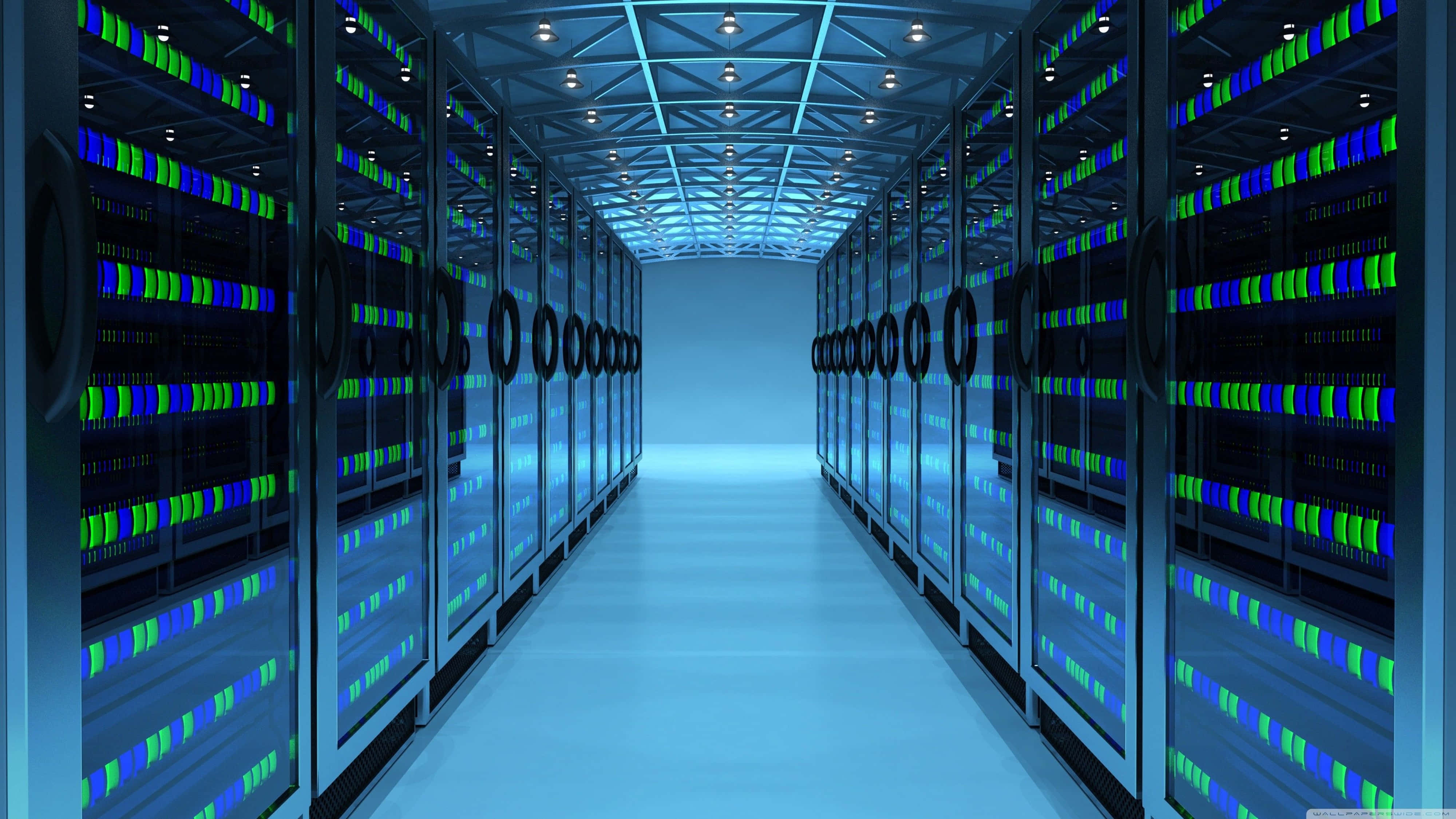 4K Tech Data Center, server racks, glowing blue lights, 4K Desktop Wallpaper