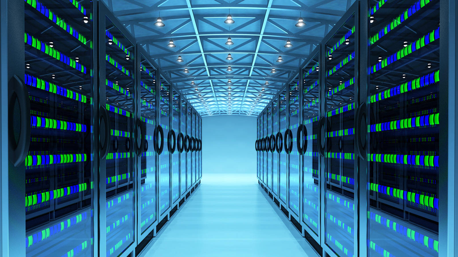 data center, glass cabinet, glowing blue lights, HD Desktop Wallpaper