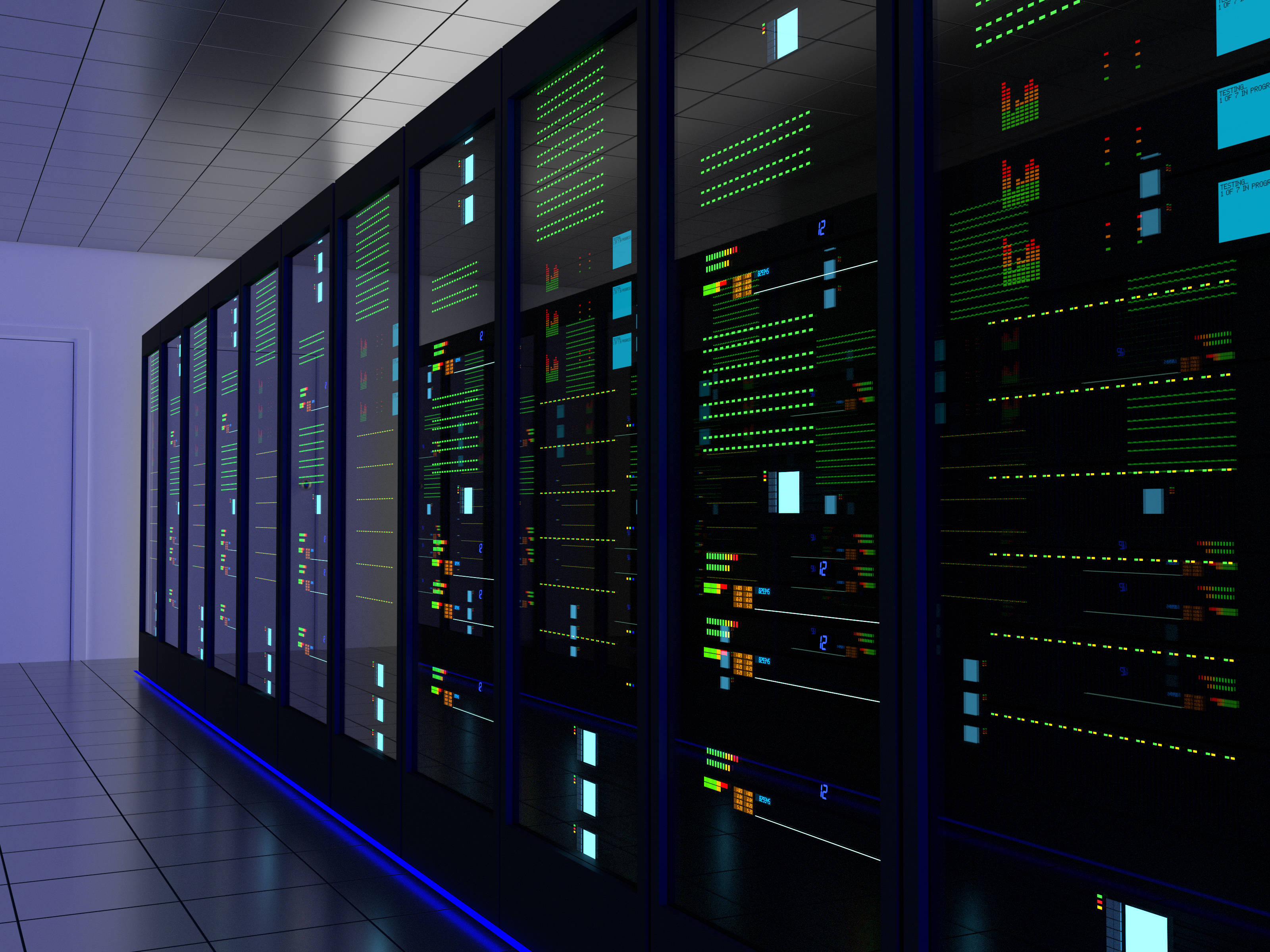 Data Center, server racks, green digital displays, 2K Desktop Wallpaper