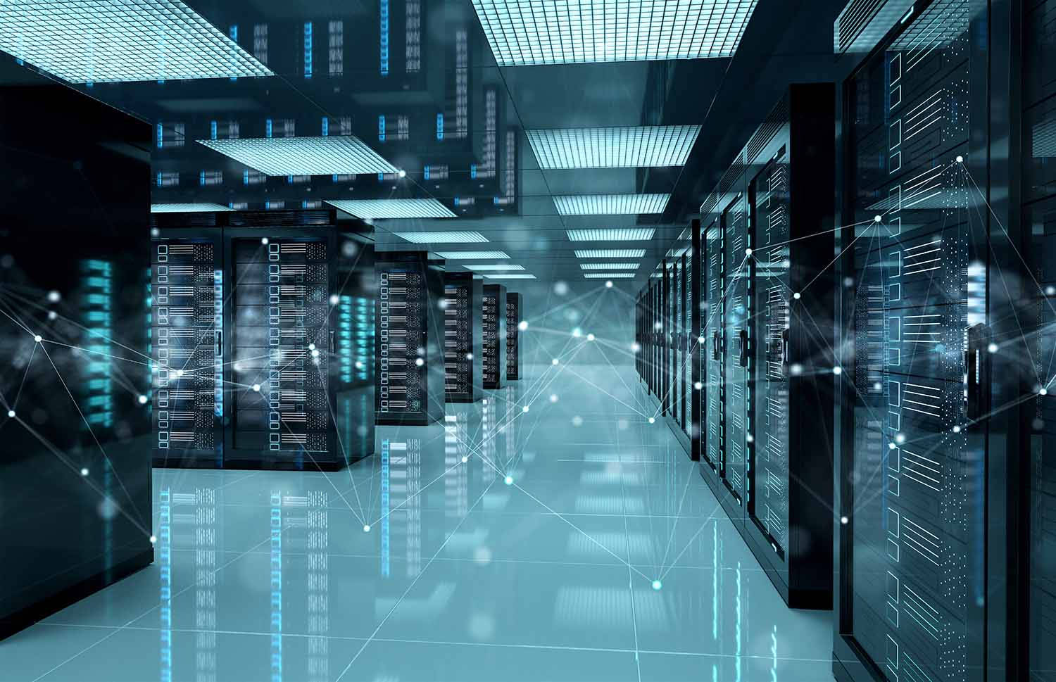 Data Center, glowing blue data streams, black server racks, HD Desktop Wallpaper