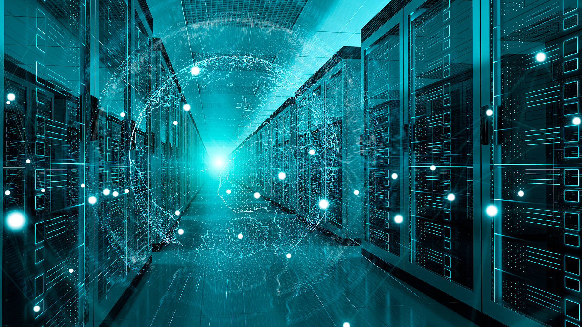 Data Center Network, cyan light, glowing digital globe, Full HD Desktop Wallpaper