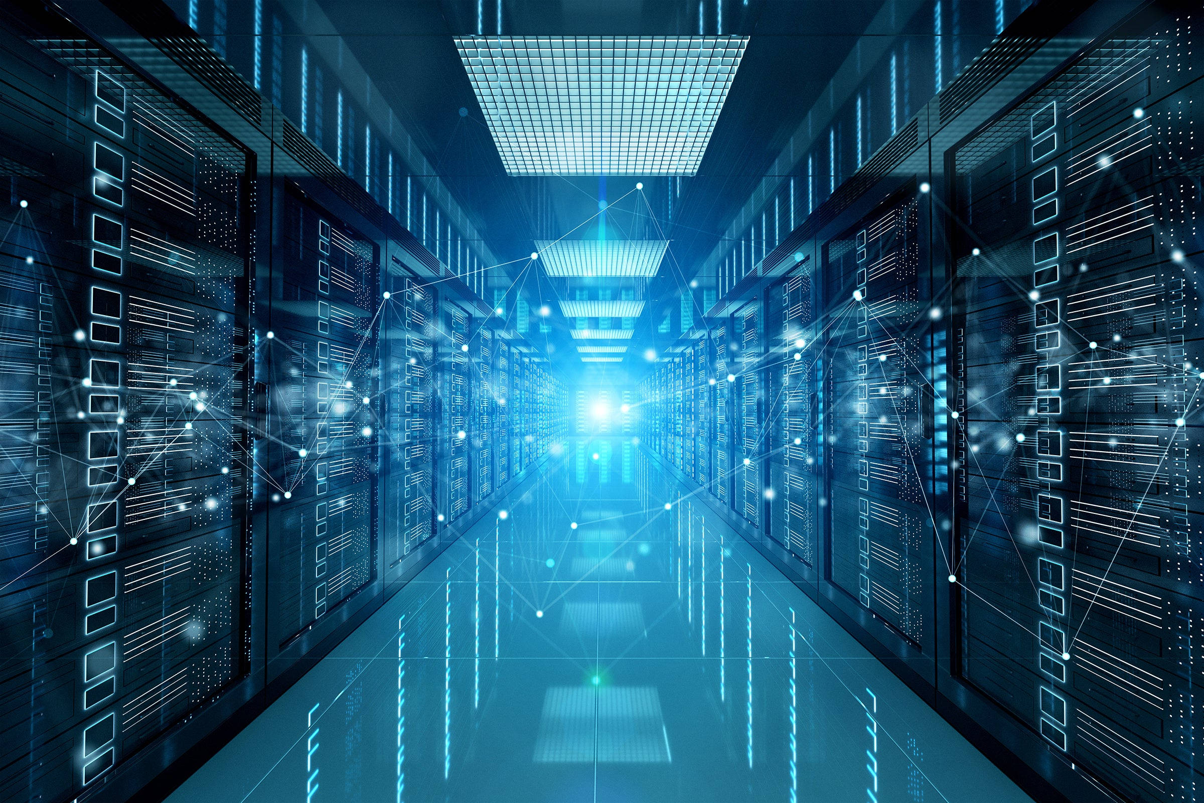 futuristic server room corridor, cool blue light, glowing data connections, Full HD Desktop Wallpaper