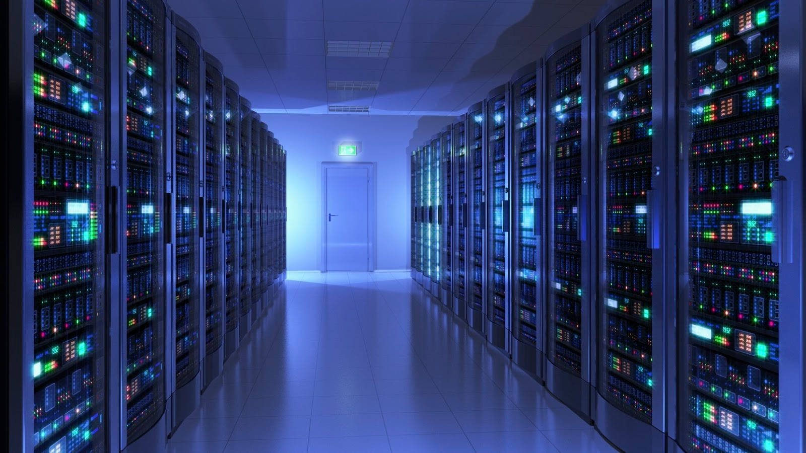 Data Center, blue themed, server racks, HD Desktop Wallpaper