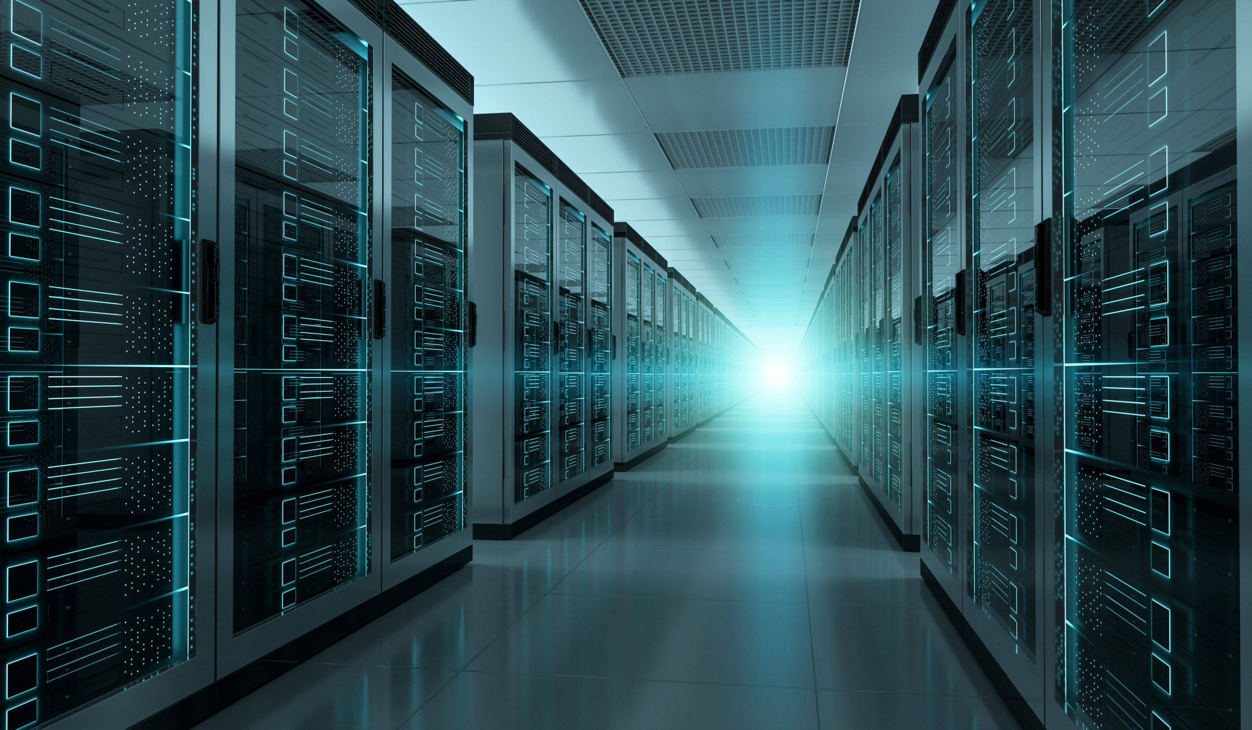 futuristic server room hallway, glowing blue data centers, bright light at the end, 2K Desktop Wallpaper