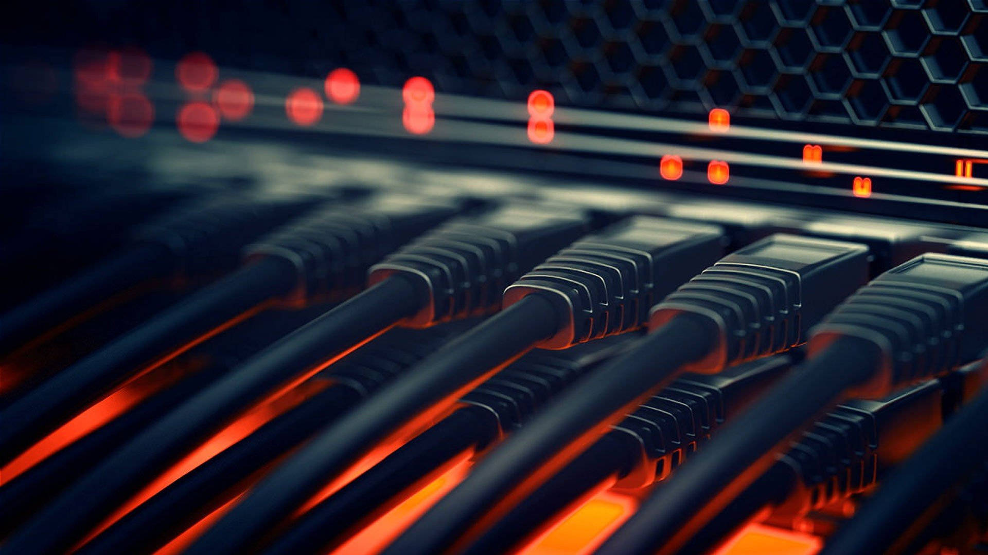 Data Center, red lights, black network cables, Full HD Desktop Wallpaper