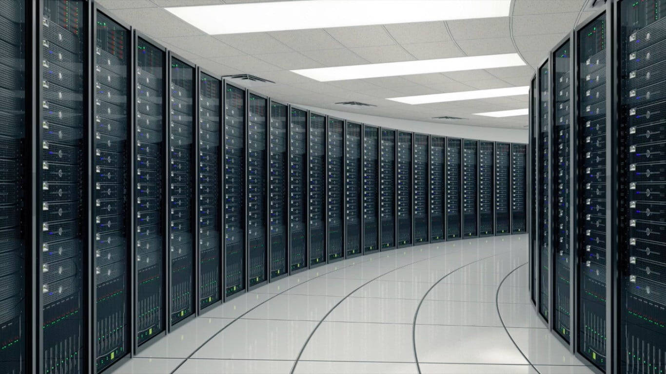 winding database center, black server racks, bright white data center, HD Desktop Wallpaper