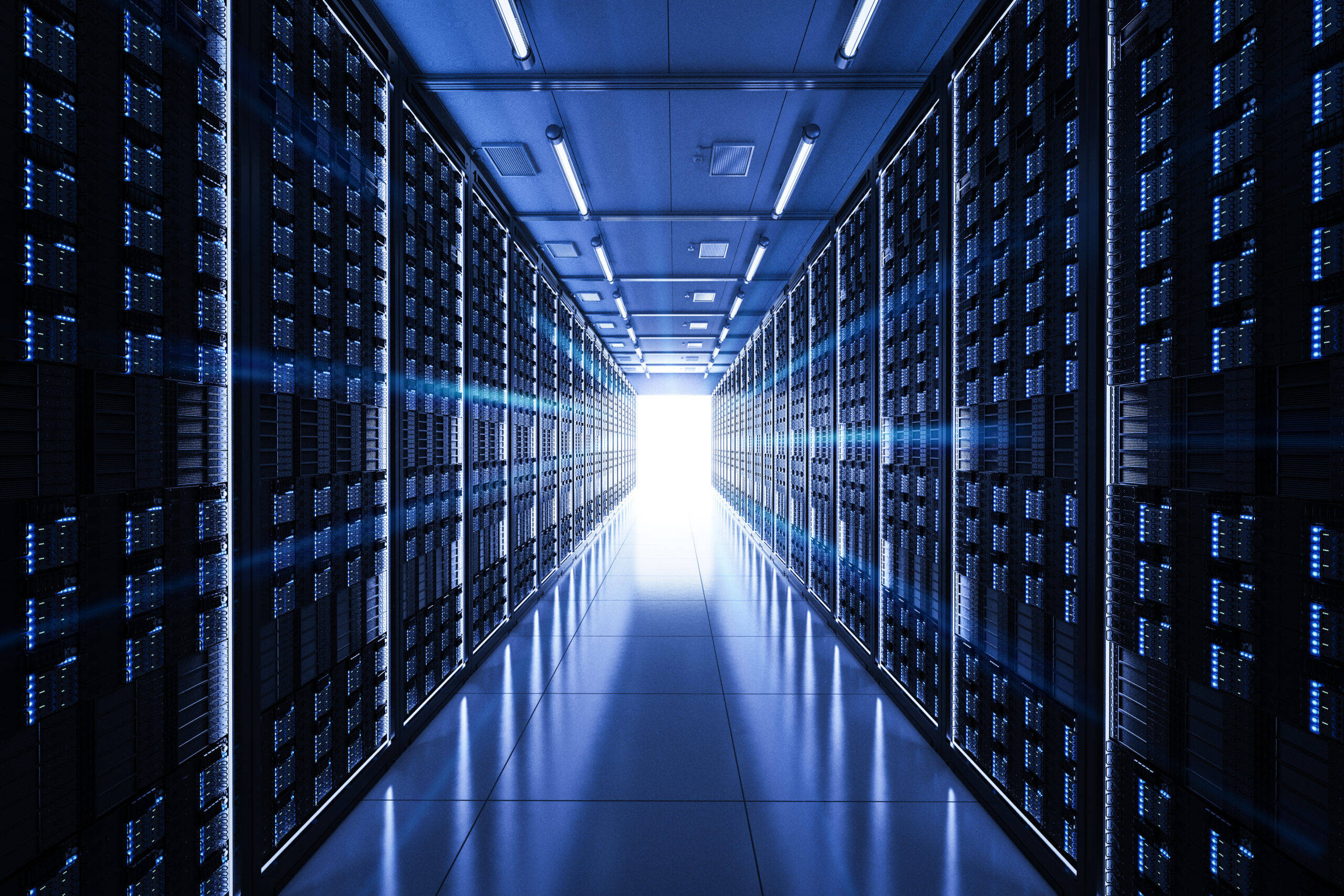 data center, server racks, cool blue light, 2K Desktop Wallpaper