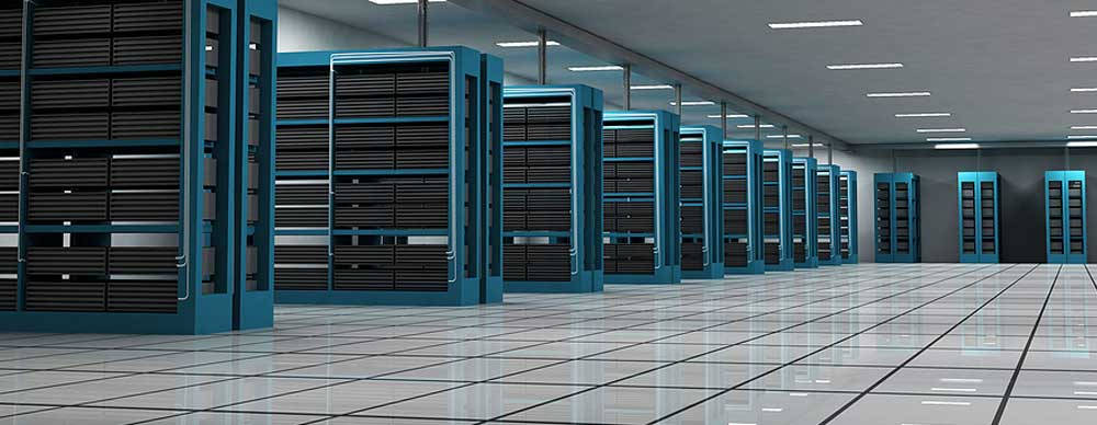blue server racks, sterile data center, reflective white floors, SD Desktop Wallpaper