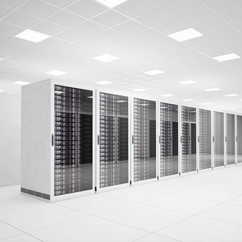 white data center room, white server racks, blinking lights, SD Desktop Wallpaper