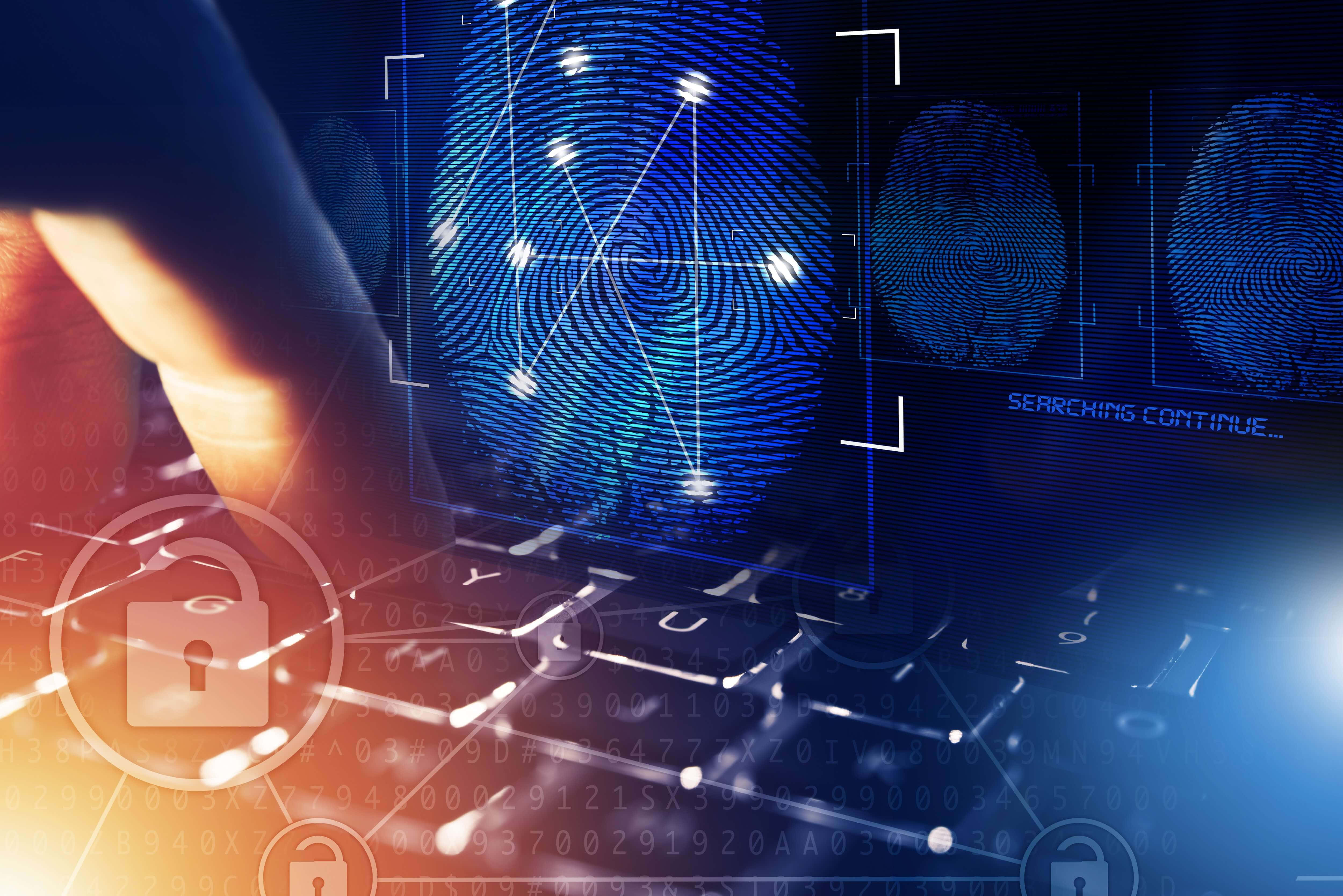 Data Management 5000, glowing blue fingerprint reader, keyboard, 4K Desktop Wallpaper