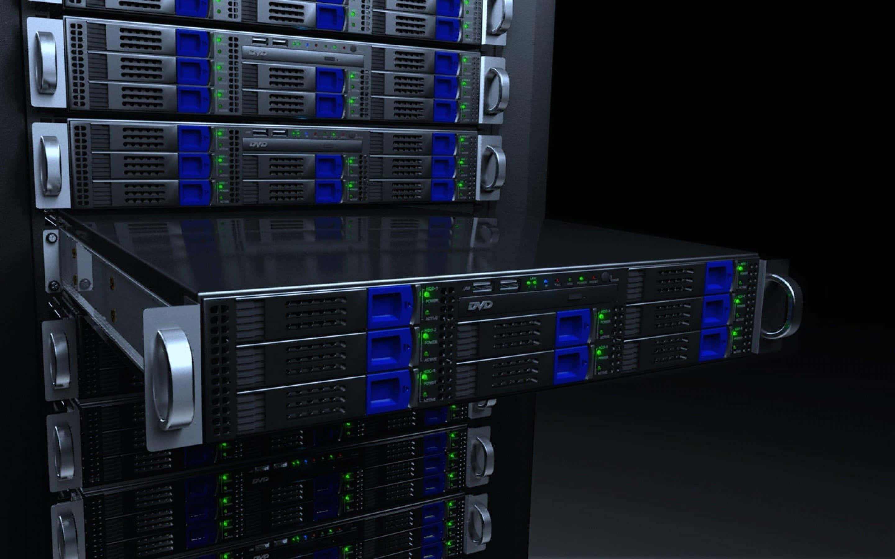 data center, server racks, glowing blue lights, 2K Desktop Wallpaper