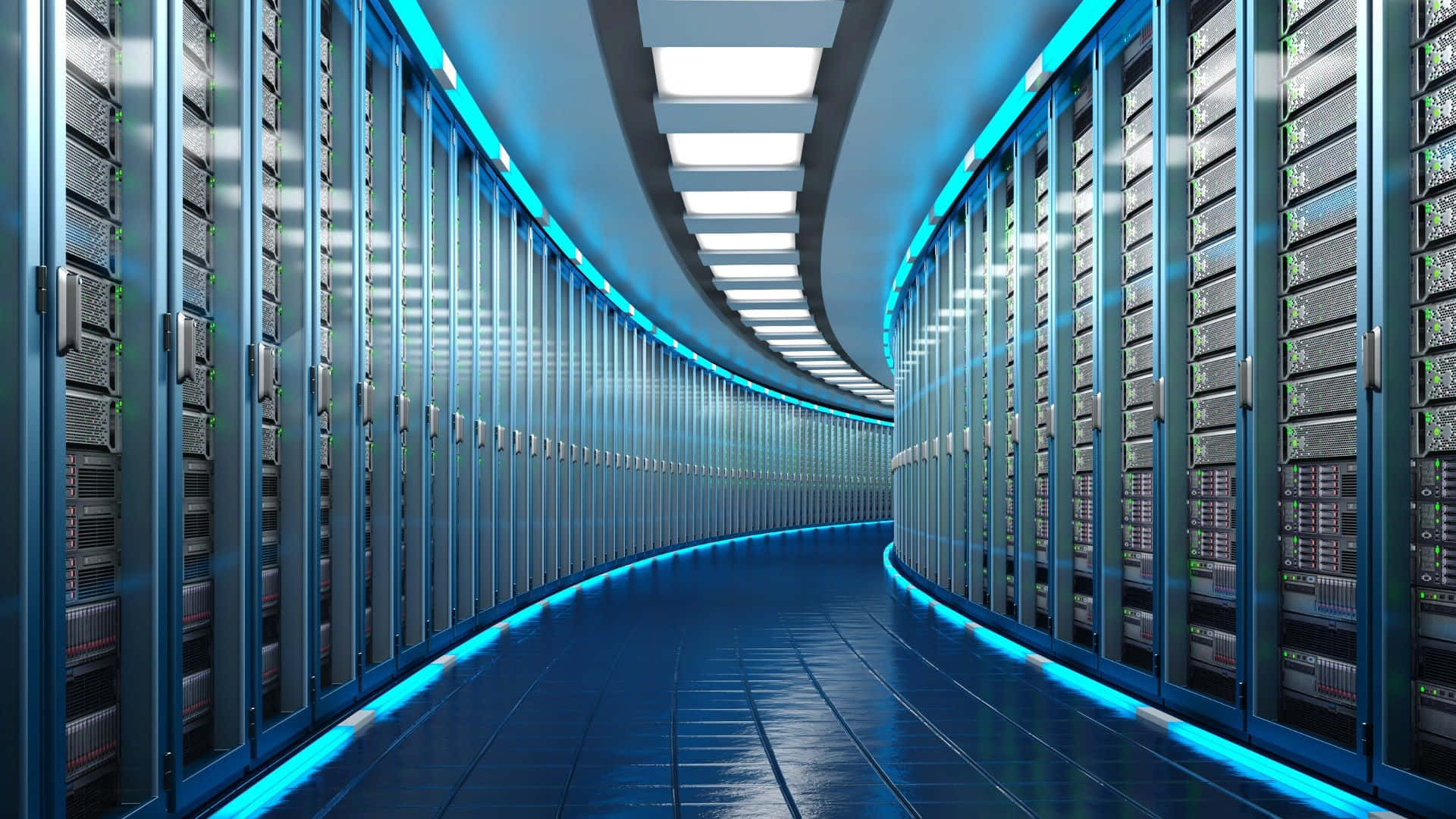 futuristic curved server room, glowing blue lights, towering server racks, Full HD Desktop Wallpaper