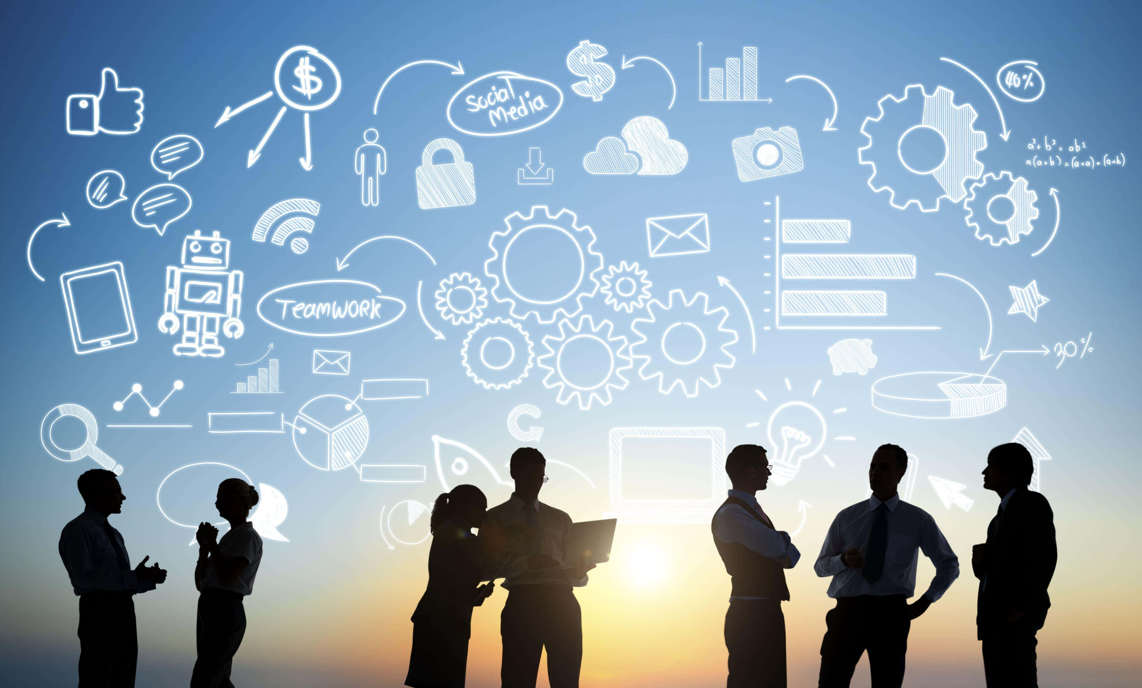 Data Management 4001 x 2412, sunset sky, glowing white digital icons, 4K Desktop Wallpaper