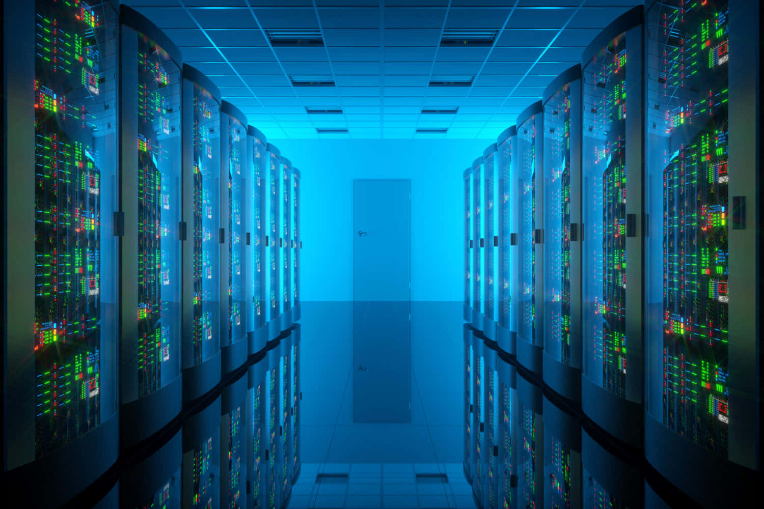 Data Management, futuristic server room, glowing green and red lights, HD Desktop Wallpaper