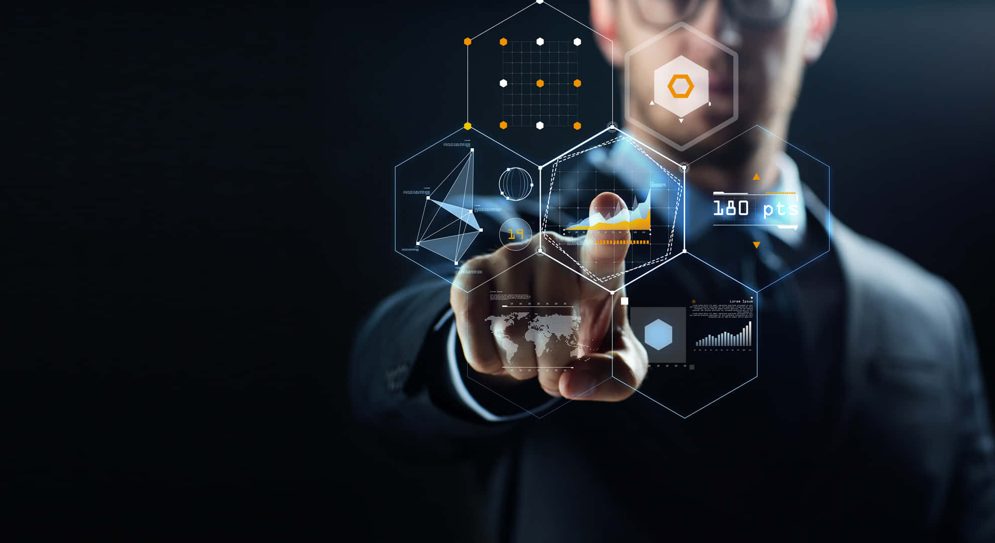 data management, glowing hexagonal data interfaces, dark background, Full HD Desktop Wallpaper