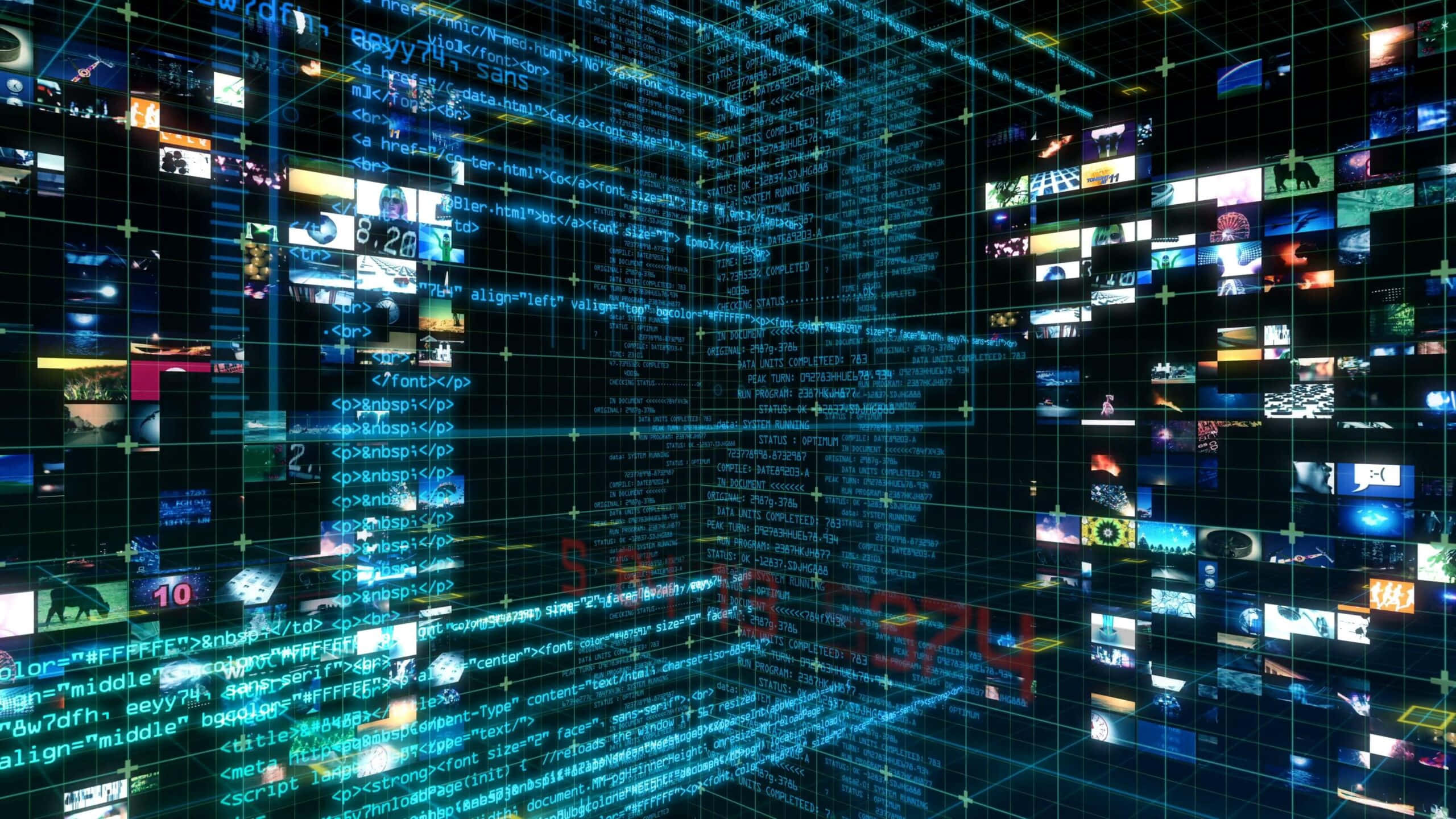 Data Management, glowing blue code, floating video thumbnails, 2K Desktop Wallpaper