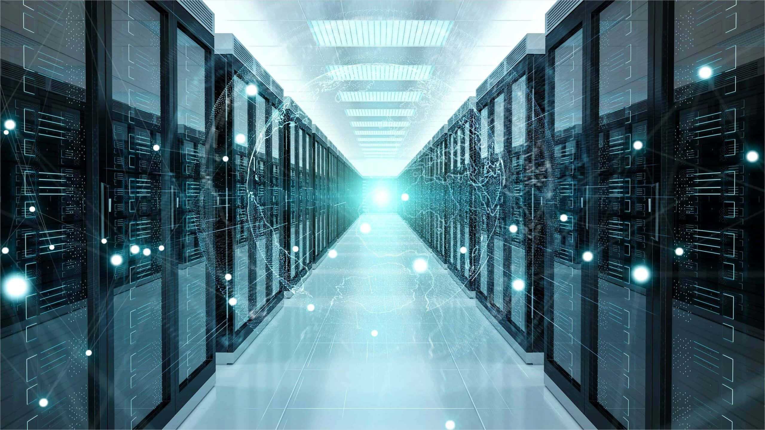 Data Management, futuristic server room hallway, glowing data centers, 2K Desktop Wallpaper