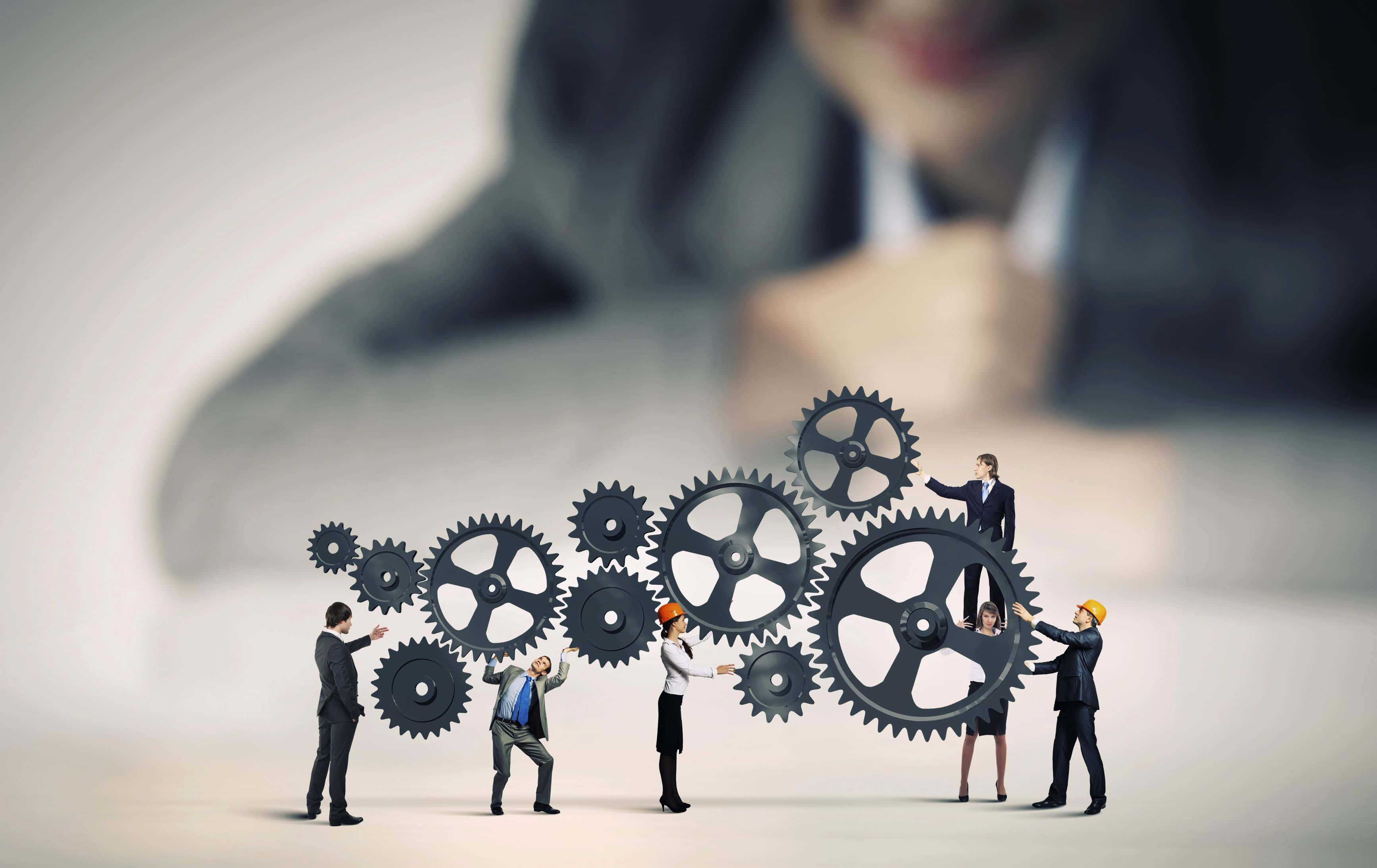 Data Management, black gears, corporate figure, 2K Desktop Wallpaper