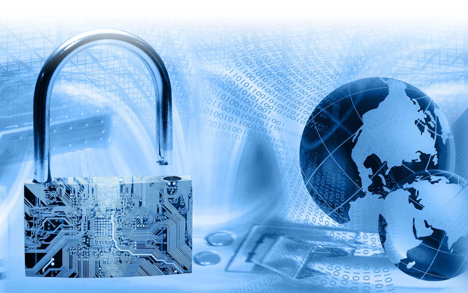 metallic padlock, circuit board texture, digital globe, HD Desktop Wallpaper
