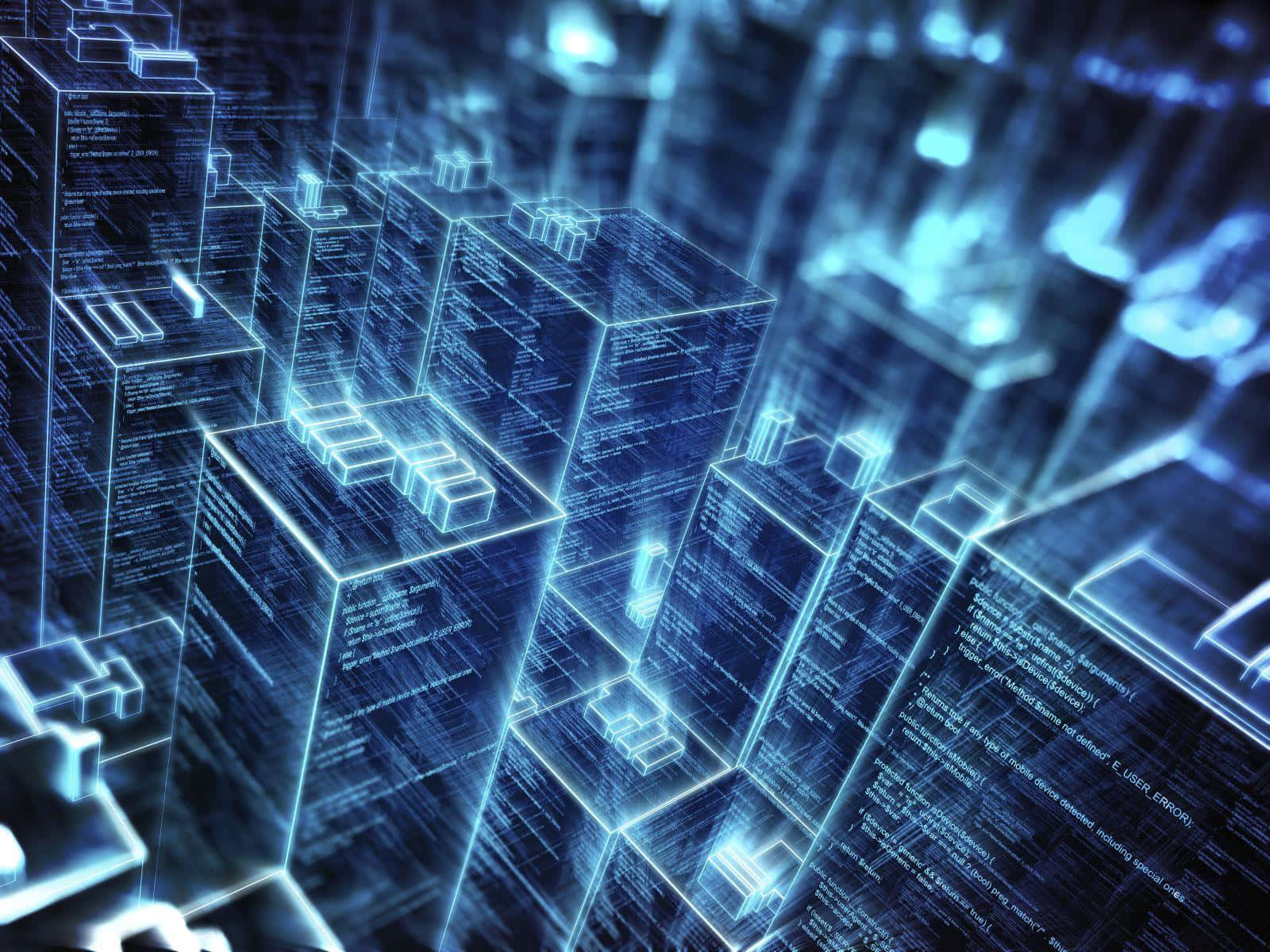 Data Management, glowing blue lines, code cascading, HD Desktop Wallpaper