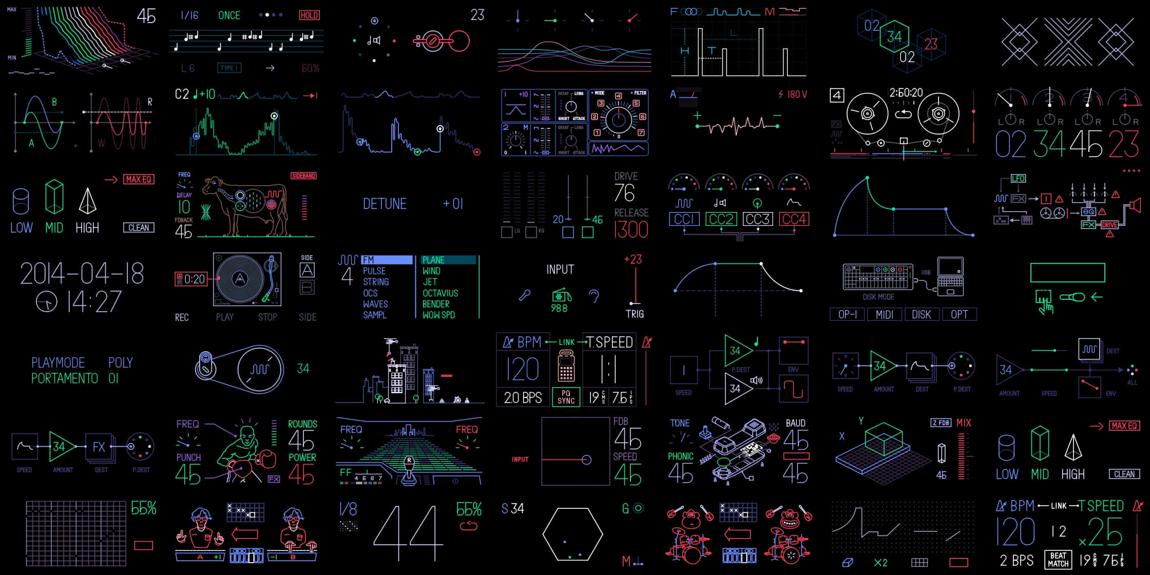 neon digital interfaces, synthwave-inspired retro-futuristic graphics, black background, Full HD Desktop Wallpaper